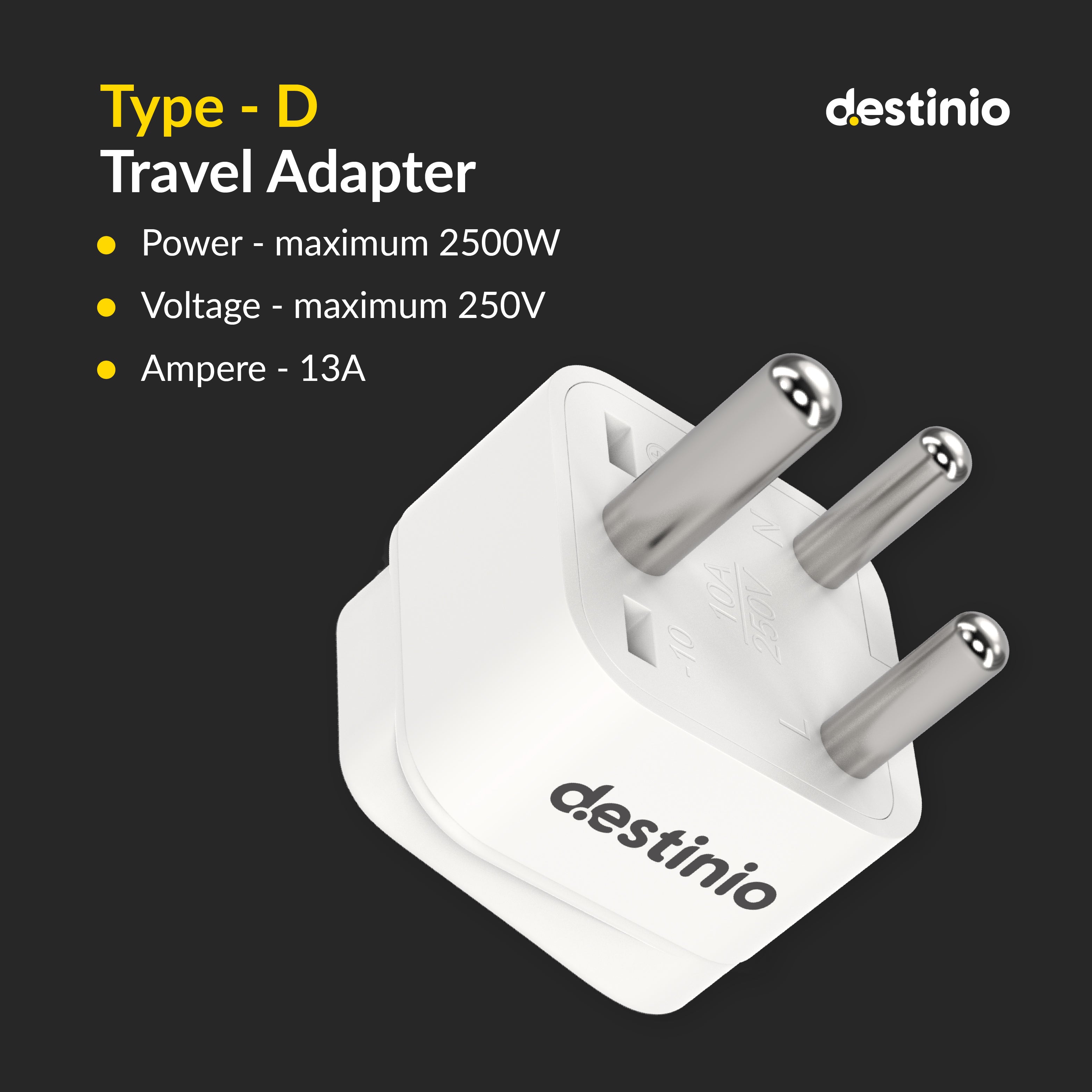 Destinio Travel Adapters (Type D (World to India Travel Adapter), (Pack of 1))