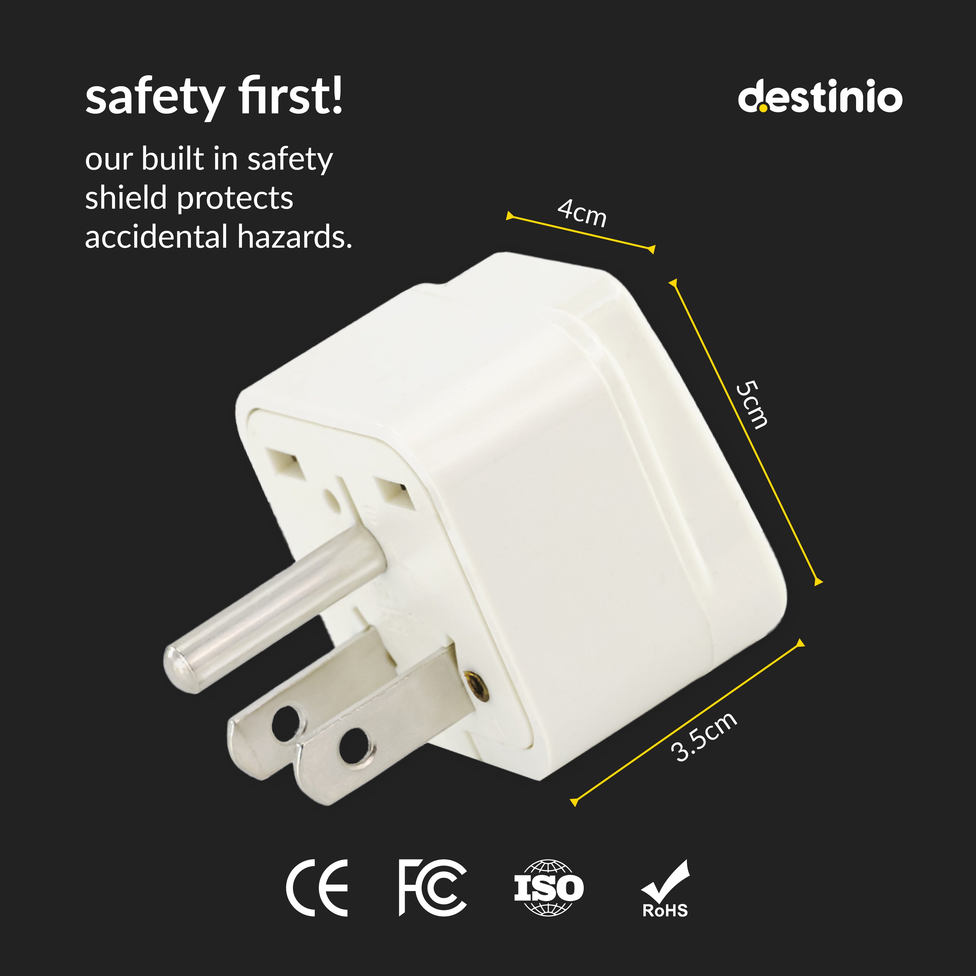 Destinio Multi Adapter Type B USA | Universal Compatibility, Dual Device Charging, Safety Certified