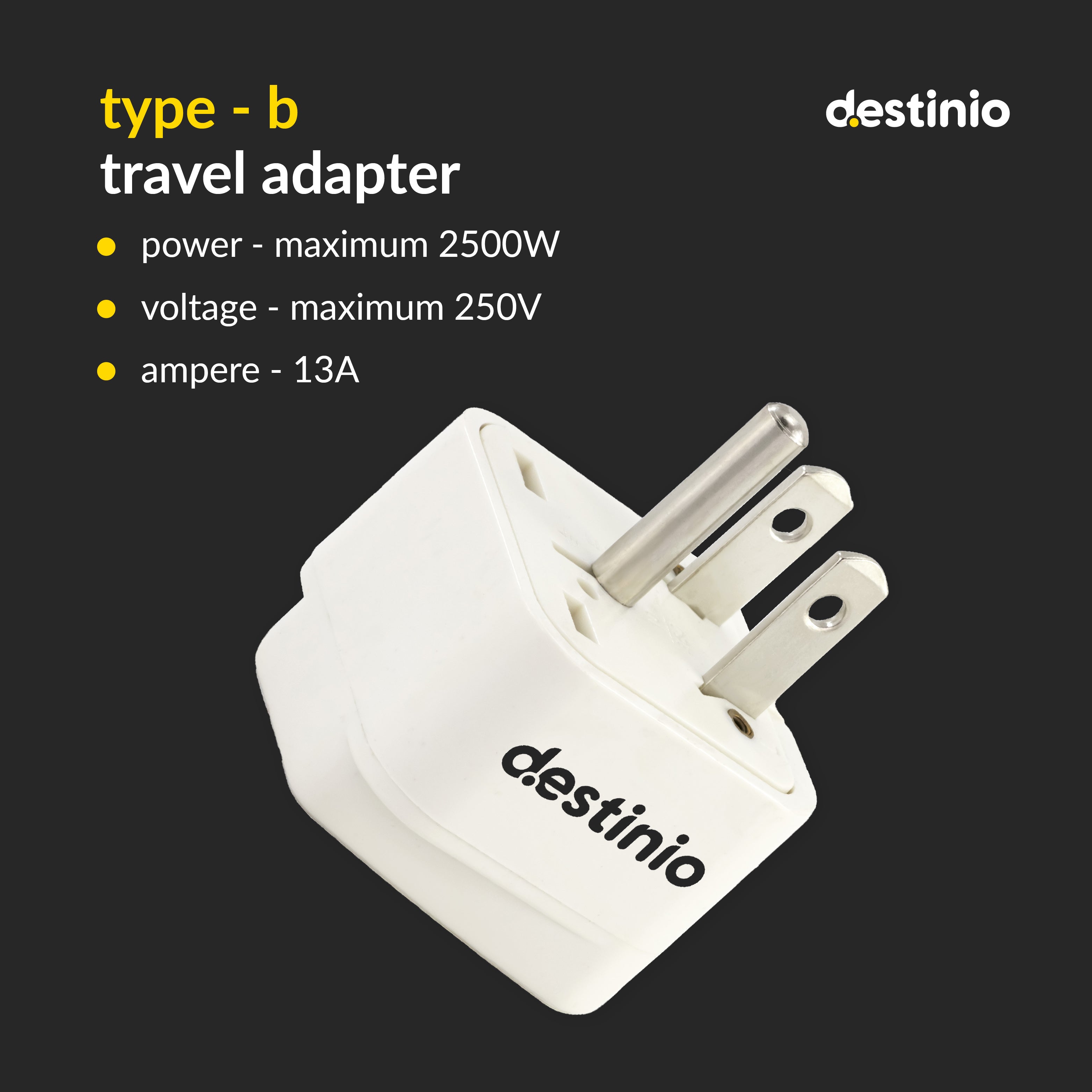 Destinio Multi Adapter Type B USA | Universal Compatibility, Dual Device Charging, Safety Certified