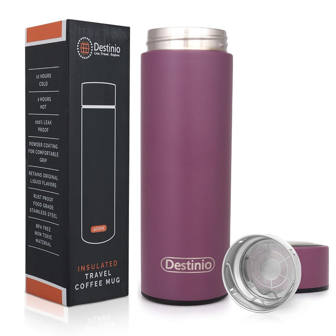 Destinio Insulated Travel Coffee Mug Flask, 400 ML - Purple, Stainless Steel
