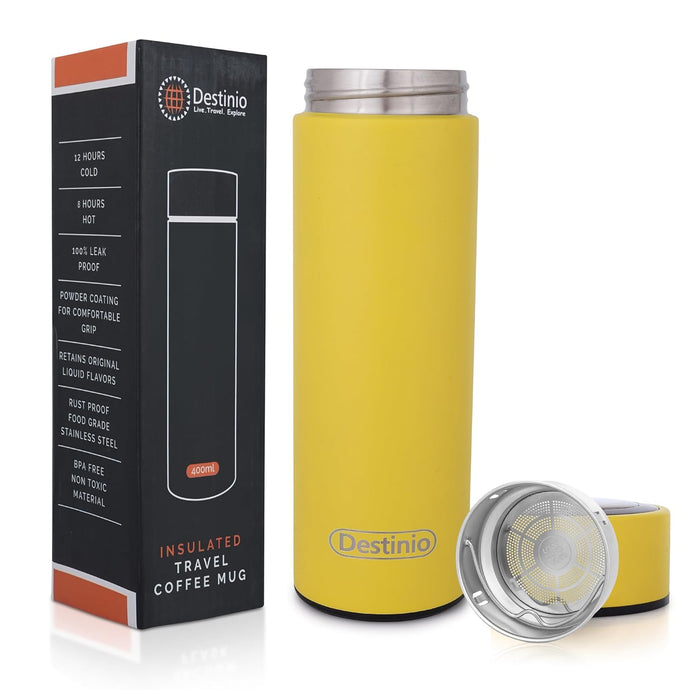 Destinio Insulated Travel Coffee Mug Flask, 400 ML - Yellow, Stainless Steel