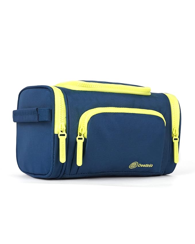 Destinio Toiletry Bag for Men and Women - Waterproof Pockets, Mesh Pockets, Hanging Hook Travel Toiletry Kit (Dark Blue)
