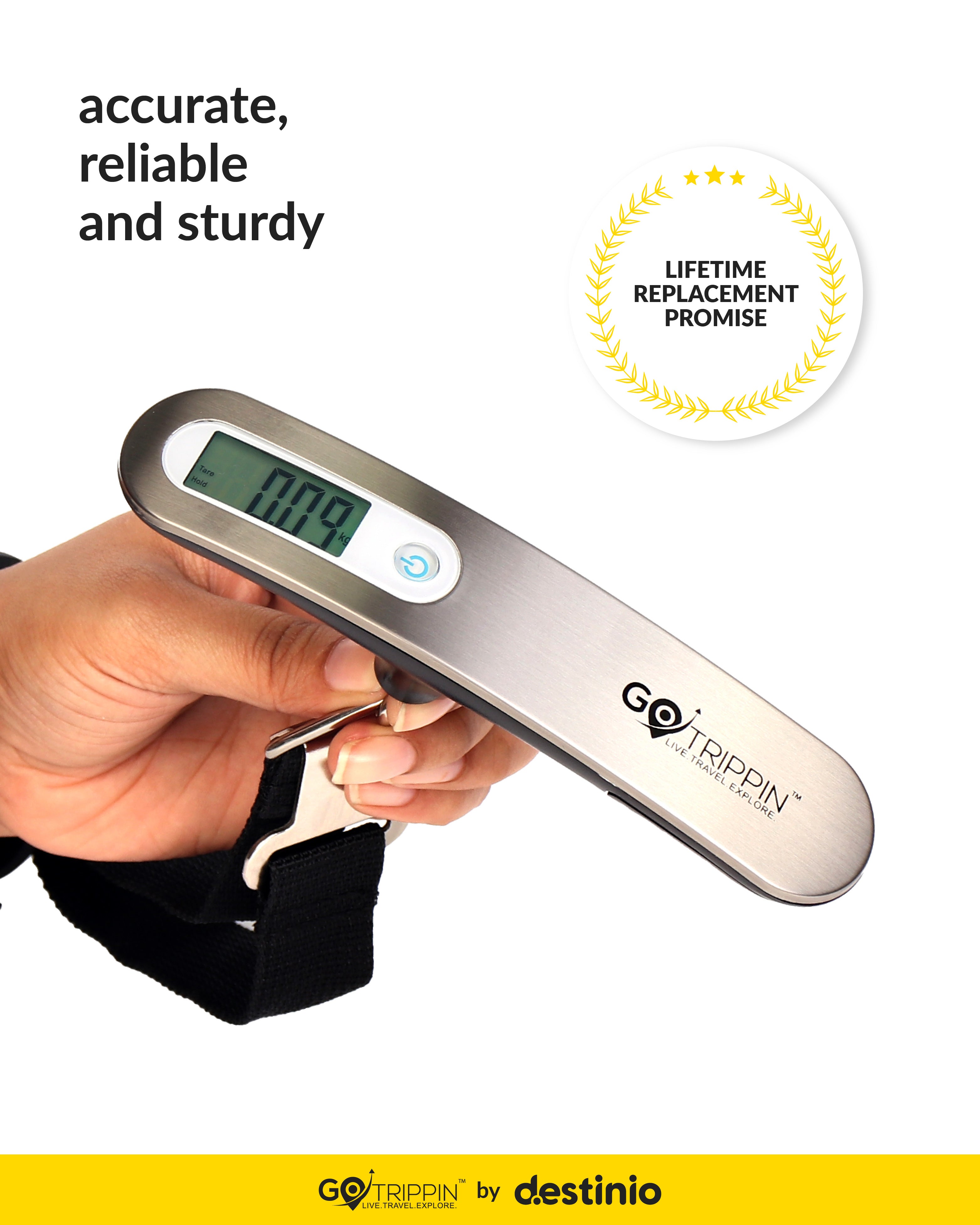 GoTrippin by Destinio Weight Machine for Luggage - 50 kg capacity, Steel body, Lifetime replacement - Digital Portable Electronic Luggage Weighing Scale for home, travel, flights, bags (Silver, 50 kg)