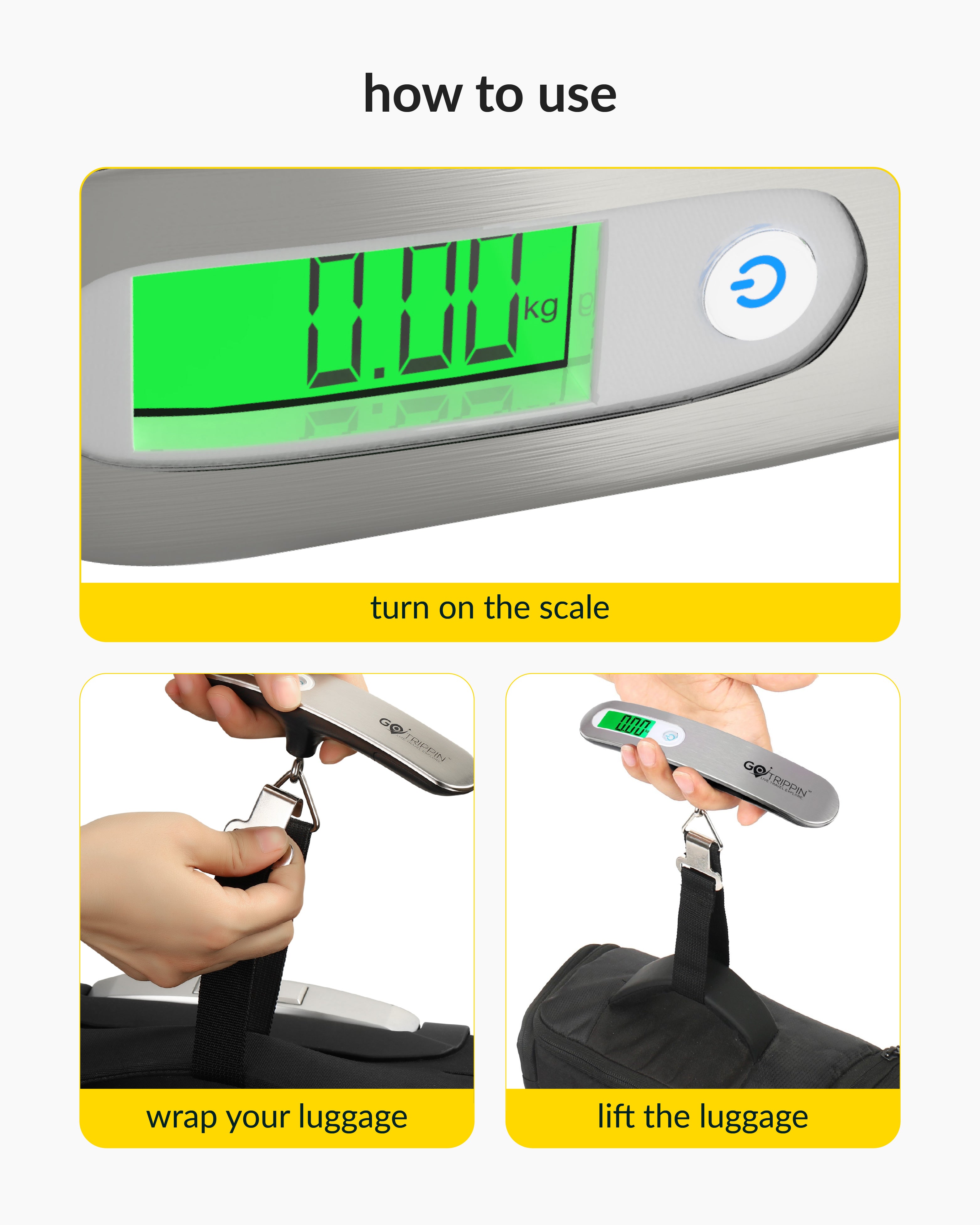 GoTrippin by Destinio Weight Machine for Luggage - 50 kg capacity, Steel body, Lifetime replacement - Digital Portable Electronic Luggage Weighing Scale for home, travel, flights, bags (Silver, 50 kg)