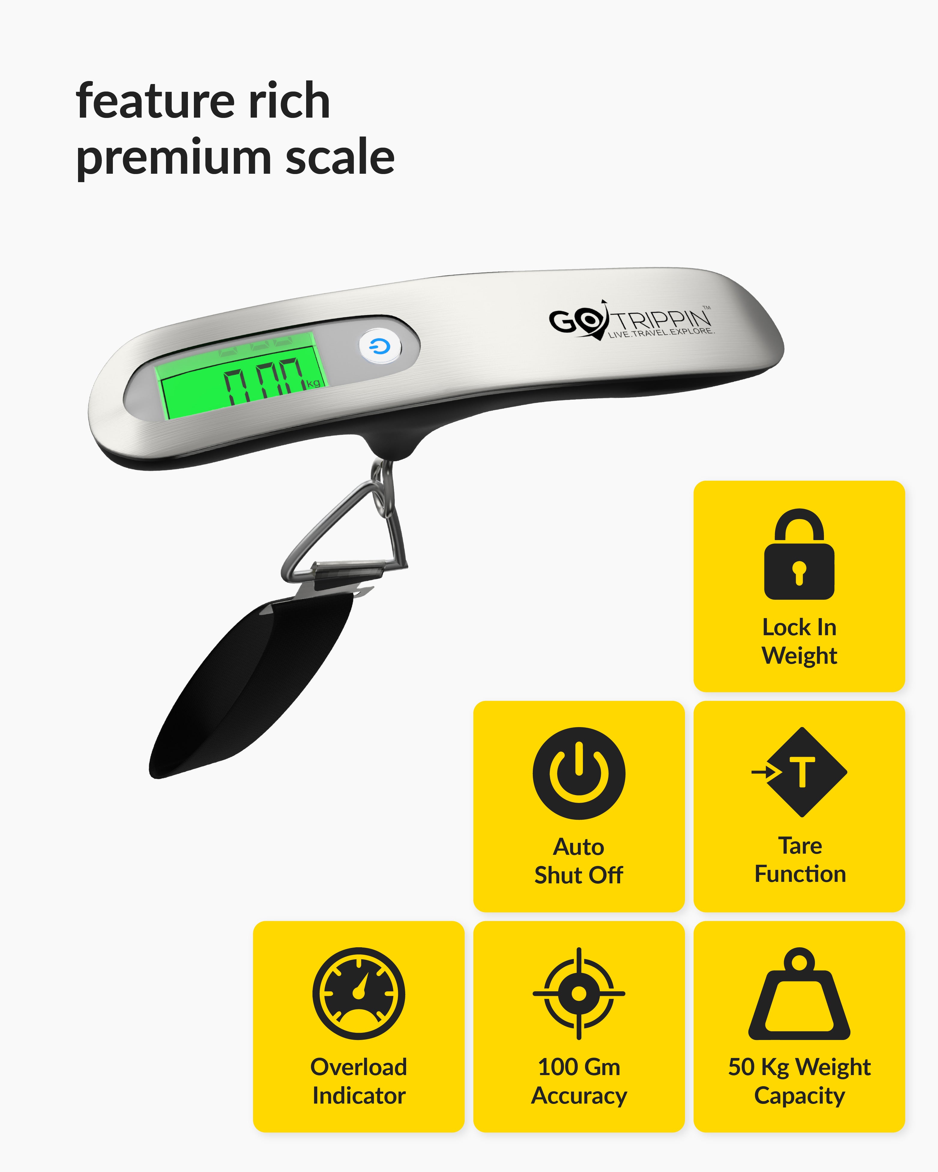 GoTrippin by Destinio Weight Machine for Luggage - 50 kg capacity, Steel body, Lifetime replacement - Digital Portable Electronic Luggage Weighing Scale for home, travel, flights, bags (Silver, 50 kg)
