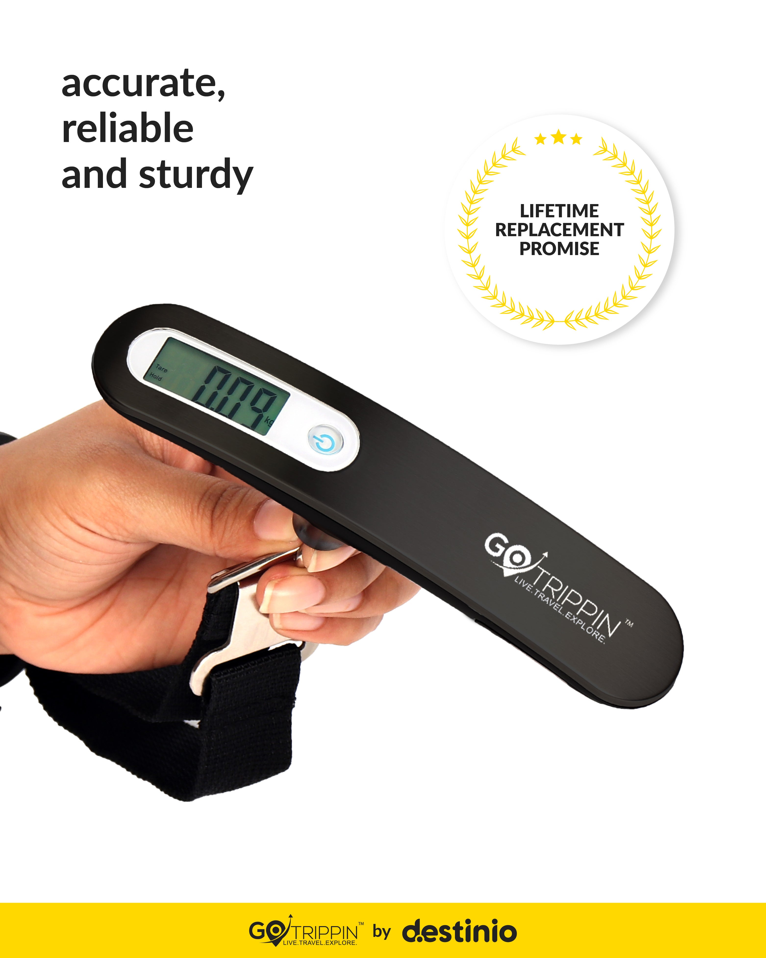 GoTrippin by Destinio Weighing Scale for Luggage - 50 kg capacity, Steel body, Lifetime replacement - Weight Machine for Luggage, travel, flights, bags & baggage (Dark Grey)