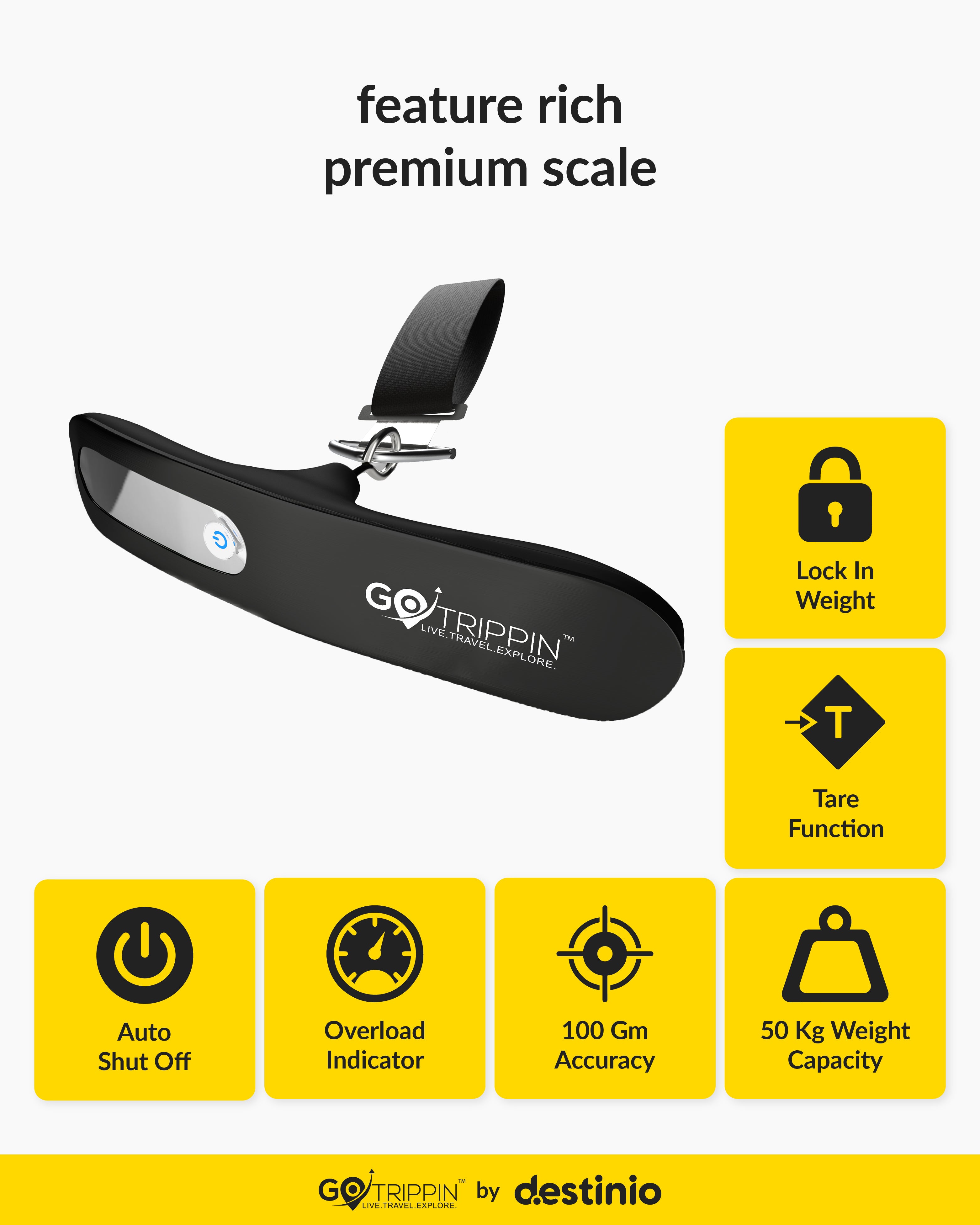GoTrippin by Destinio Weighing Scale for Luggage - 50 kg capacity, Steel body, Lifetime replacement - Weight Machine for Luggage, travel, flights, bags & baggage (Dark Grey)