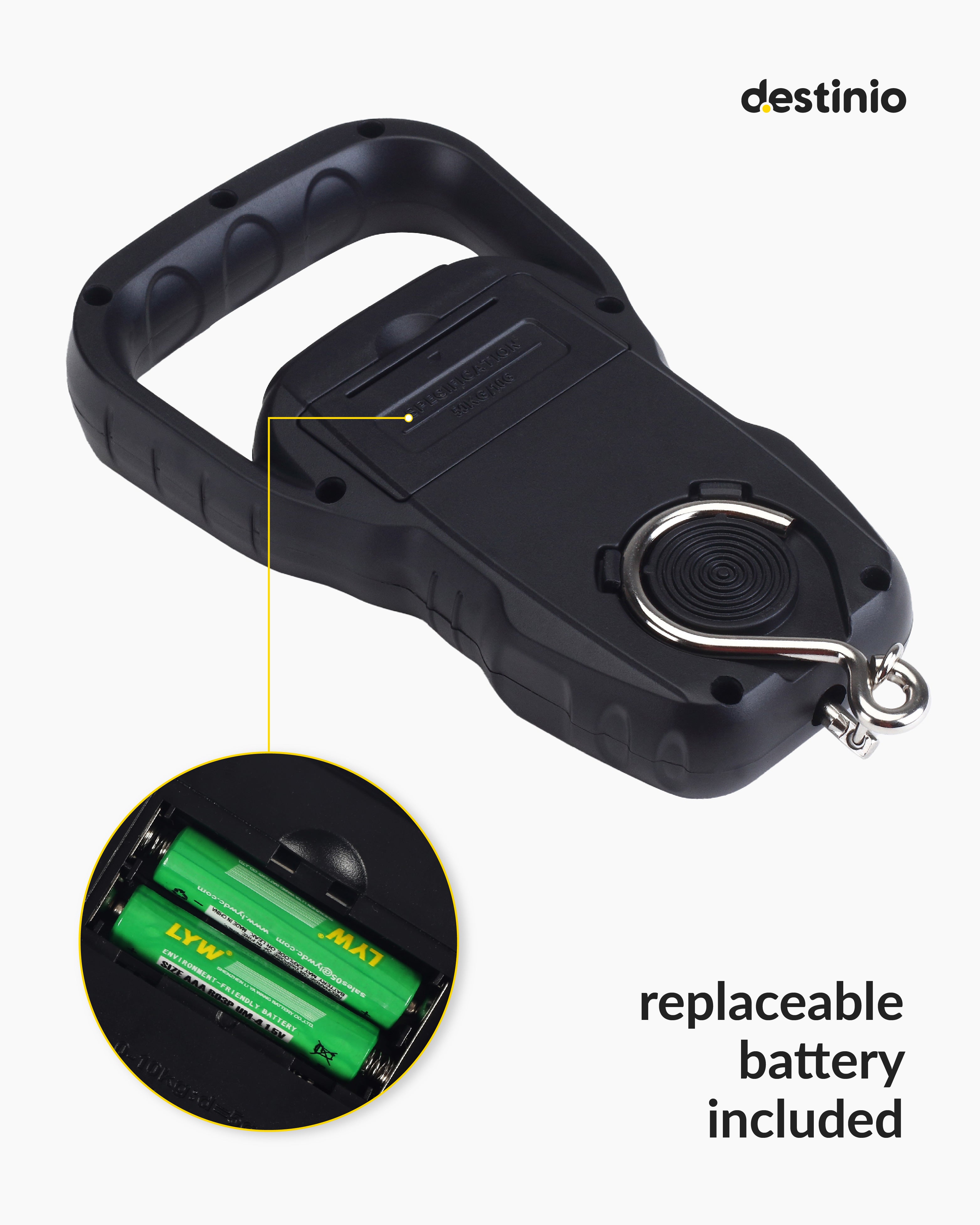 Destinio Hanging Weight Machine 50kg - Portable Digital Weighing Scale for Luggage, Gas Cylinder & Travel, Wide Soft Handle, Measuring Tape Included, Weighing Scale for Luggage Bags & Suitcase, Black