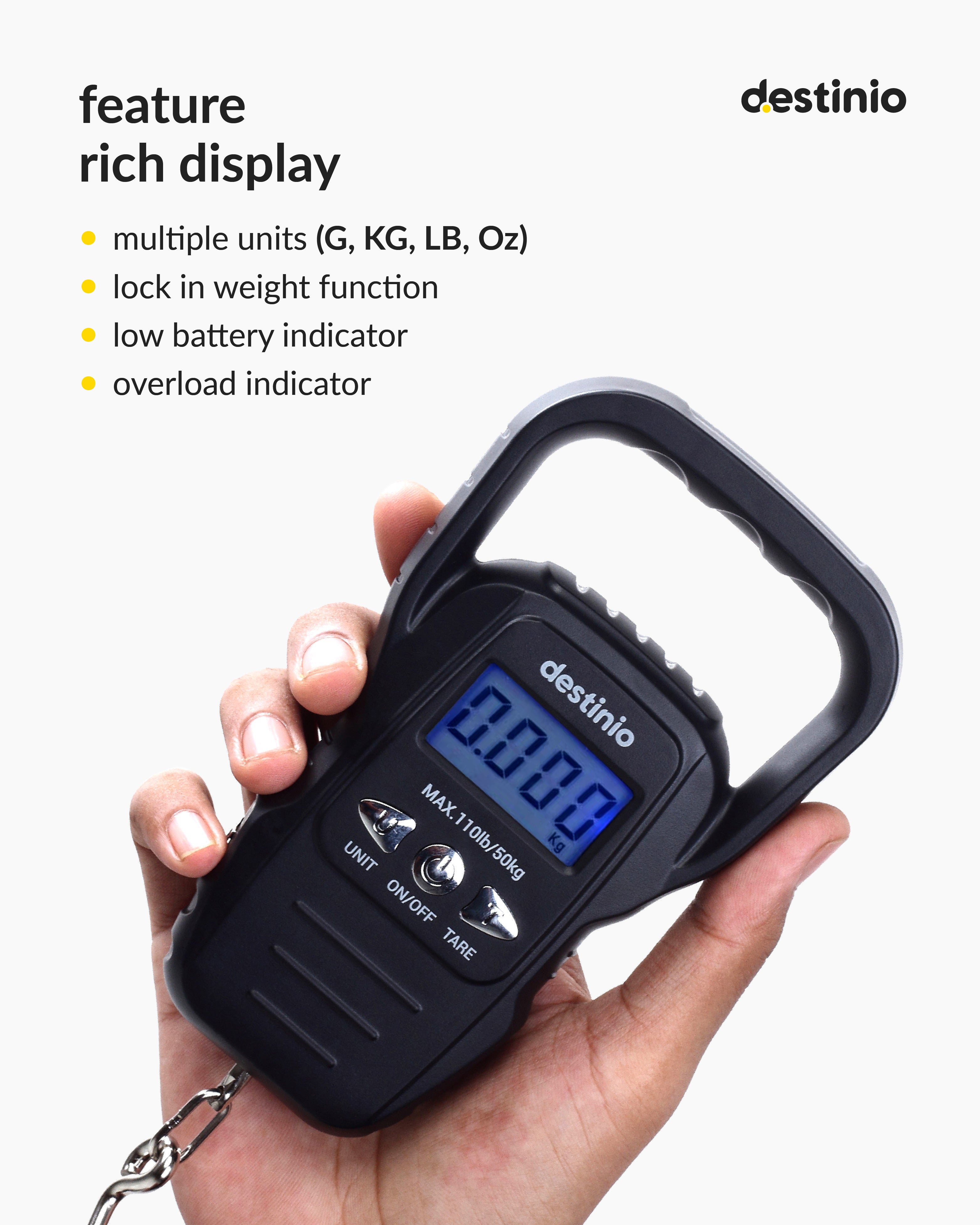 Destinio Hanging Weight Machine 50kg - Portable Digital Weighing Scale for Luggage, Gas Cylinder & Travel, Wide Soft Handle, Measuring Tape Included, Weighing Scale for Luggage Bags & Suitcase, Black