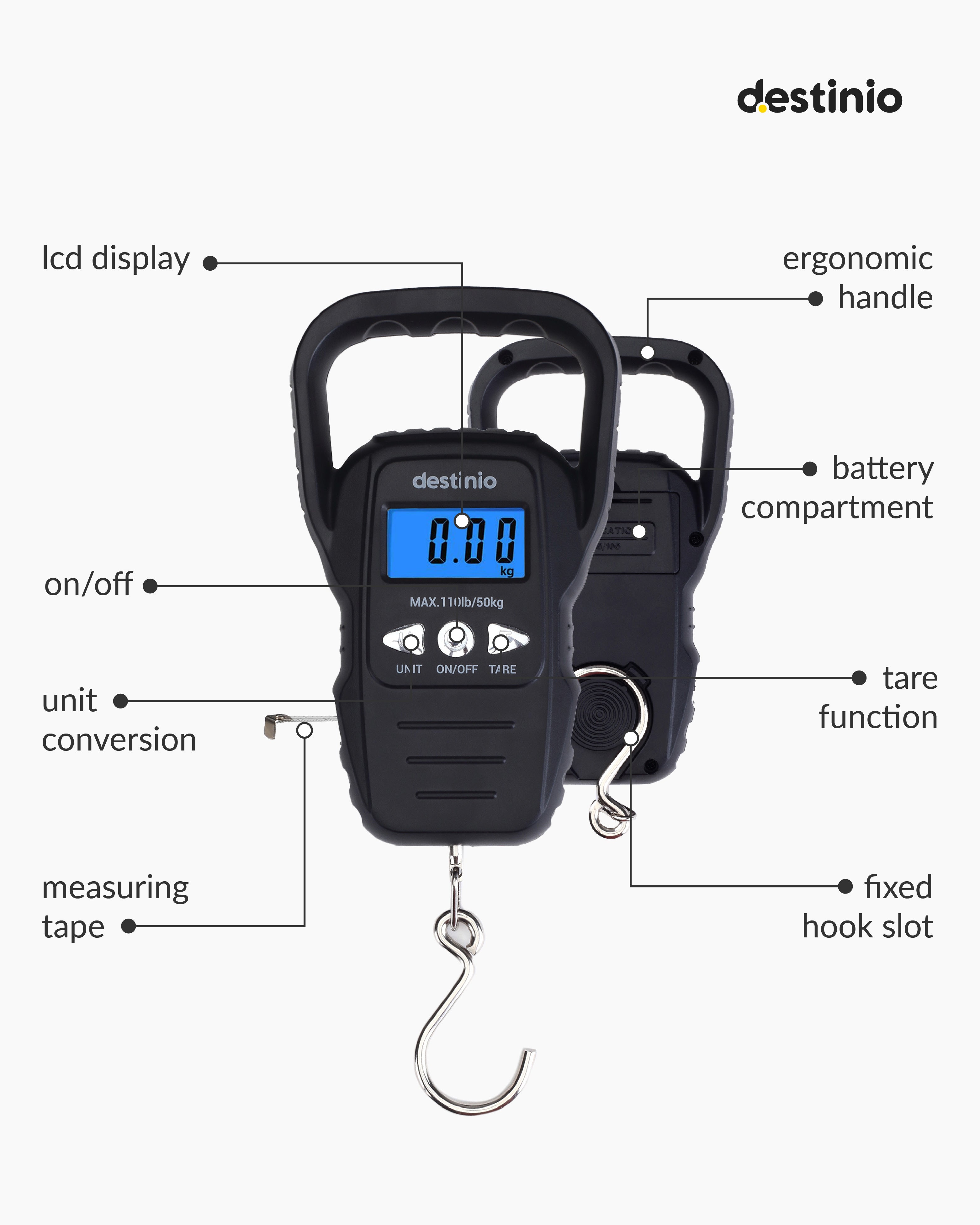 Destinio Hanging Weight Machine 50kg - Portable Digital Weighing Scale for Luggage, Gas Cylinder & Travel, Wide Soft Handle, Measuring Tape Included, Weighing Scale for Luggage Bags & Suitcase, Black