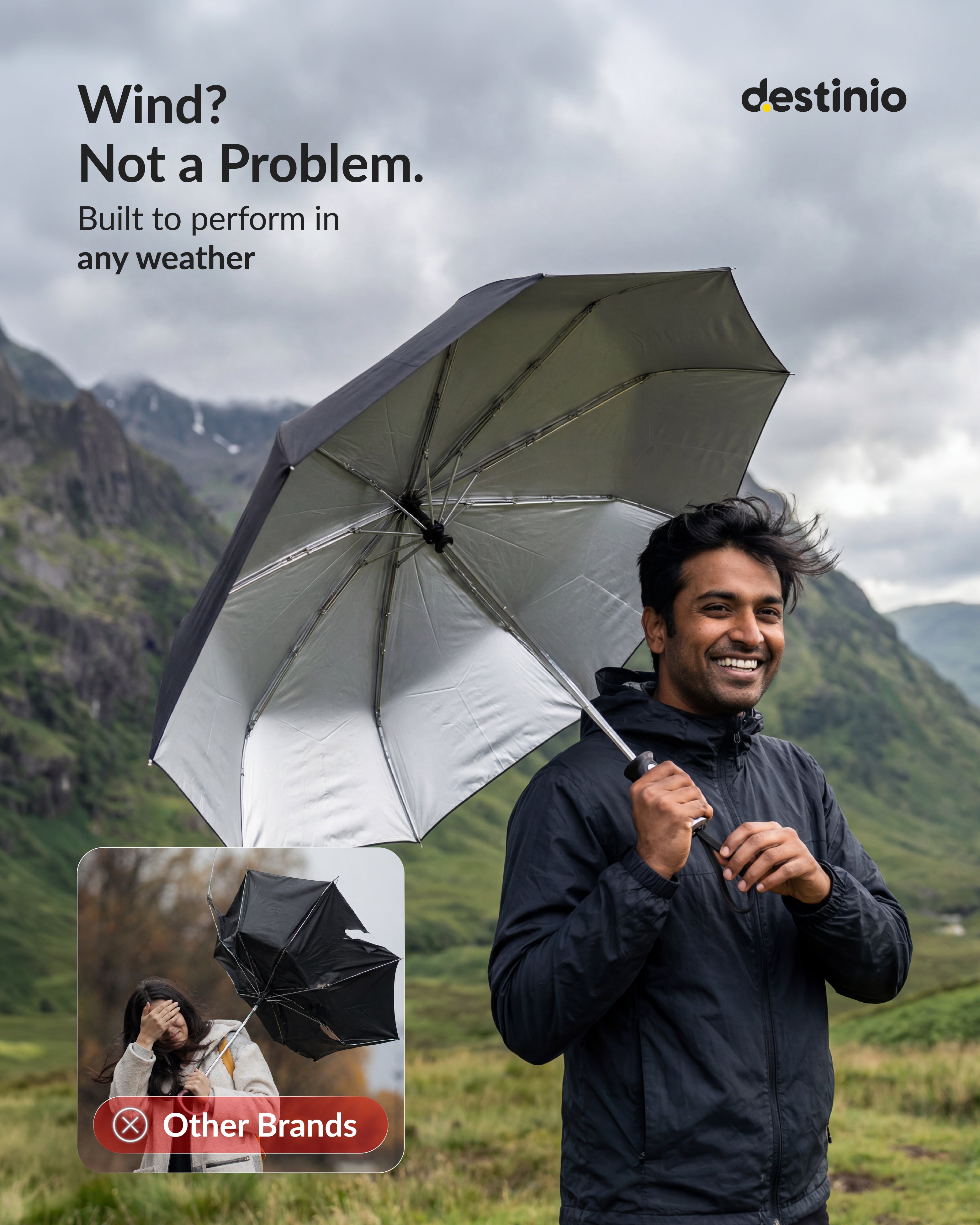Destinio Umbrella for Man - Large Size, Fully Automatic, Windproof Fibreglass Ribs, UPF 50+ Sun Protection, Premium 210T Pongee, Foldable Umbrella for Rain with Travel Cover for Men and Women - 3 fold Compact Easy to Carry (Auto open auto close)