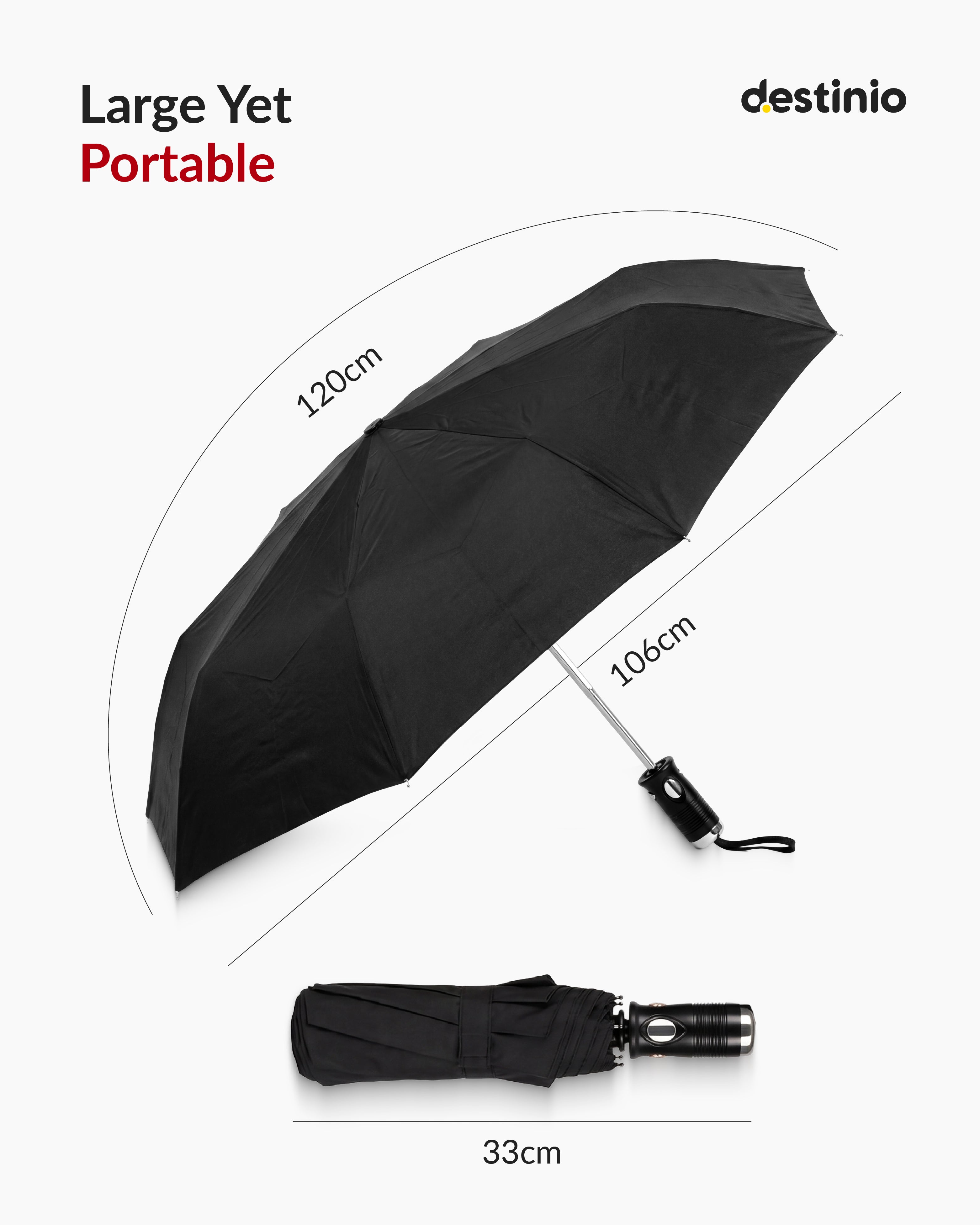 Destinio Umbrella for Man - Large Size, Fully Automatic, Windproof Fibreglass Ribs, UPF 50+ Sun Protection, Premium 210T Pongee, Foldable Umbrella for Rain with Travel Cover for Men and Women - 3 fold Compact Easy to Carry (Auto open auto close)