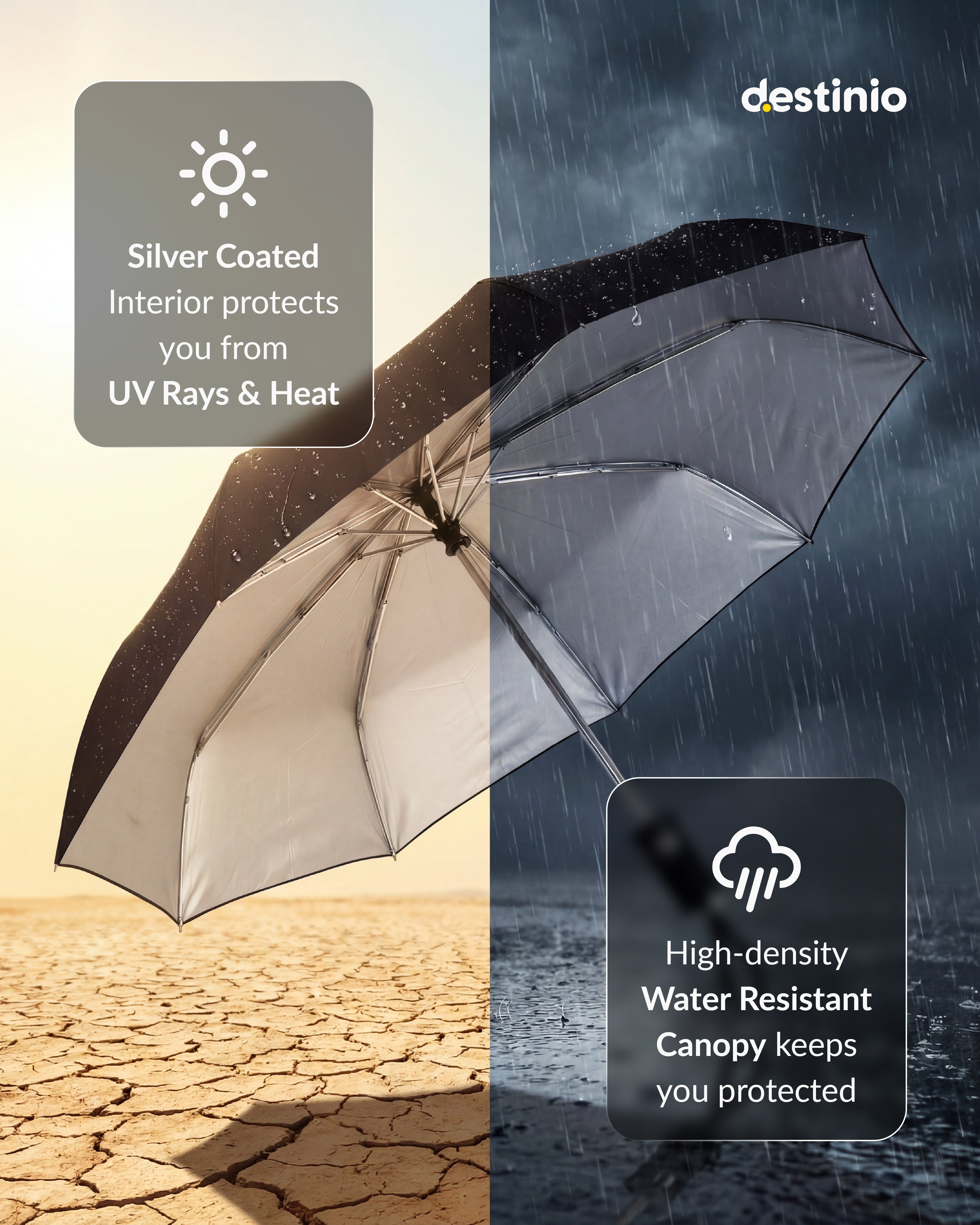 Destinio Umbrella for Man - Large Size, Fully Automatic, Windproof Fibreglass Ribs, UPF 50+ Sun Protection, Premium 210T Pongee, Foldable Umbrella for Rain with Travel Cover for Men and Women - 3 fold Compact Easy to Carry (Auto open auto close)