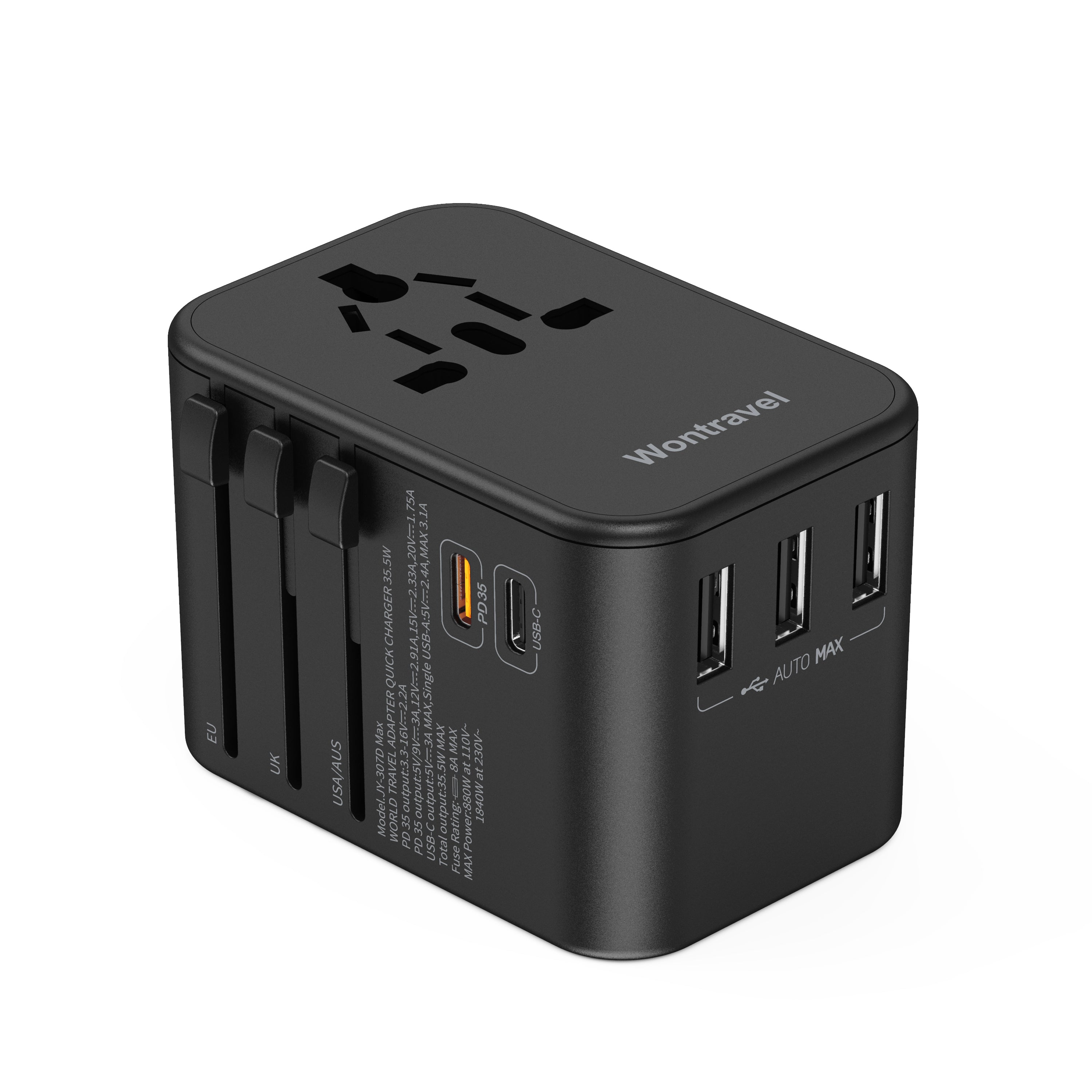 Destinio Universal Charger Adapter - 6-in-1 Fast Charging International Travel Adapter with PD, Type C & 3 USB Ports - All-in-One for US, UK, Europe - Type C Compatible (35 W - Yellow)