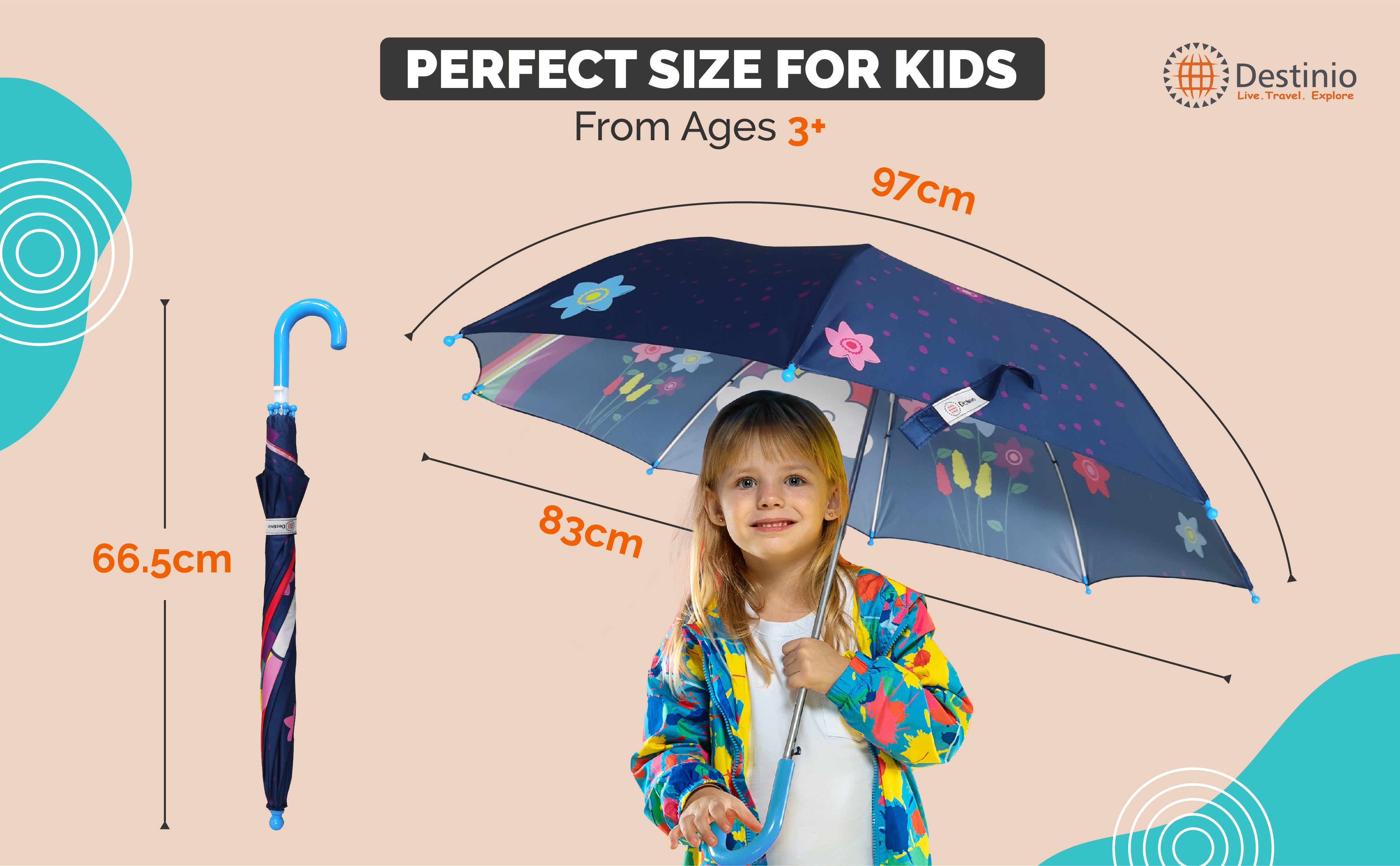 Destinio Umbrella for Kids; Stylish & Cute, Child Safe, 100% Waterproof; Kids Umbrella for Girls, Boys and Baby