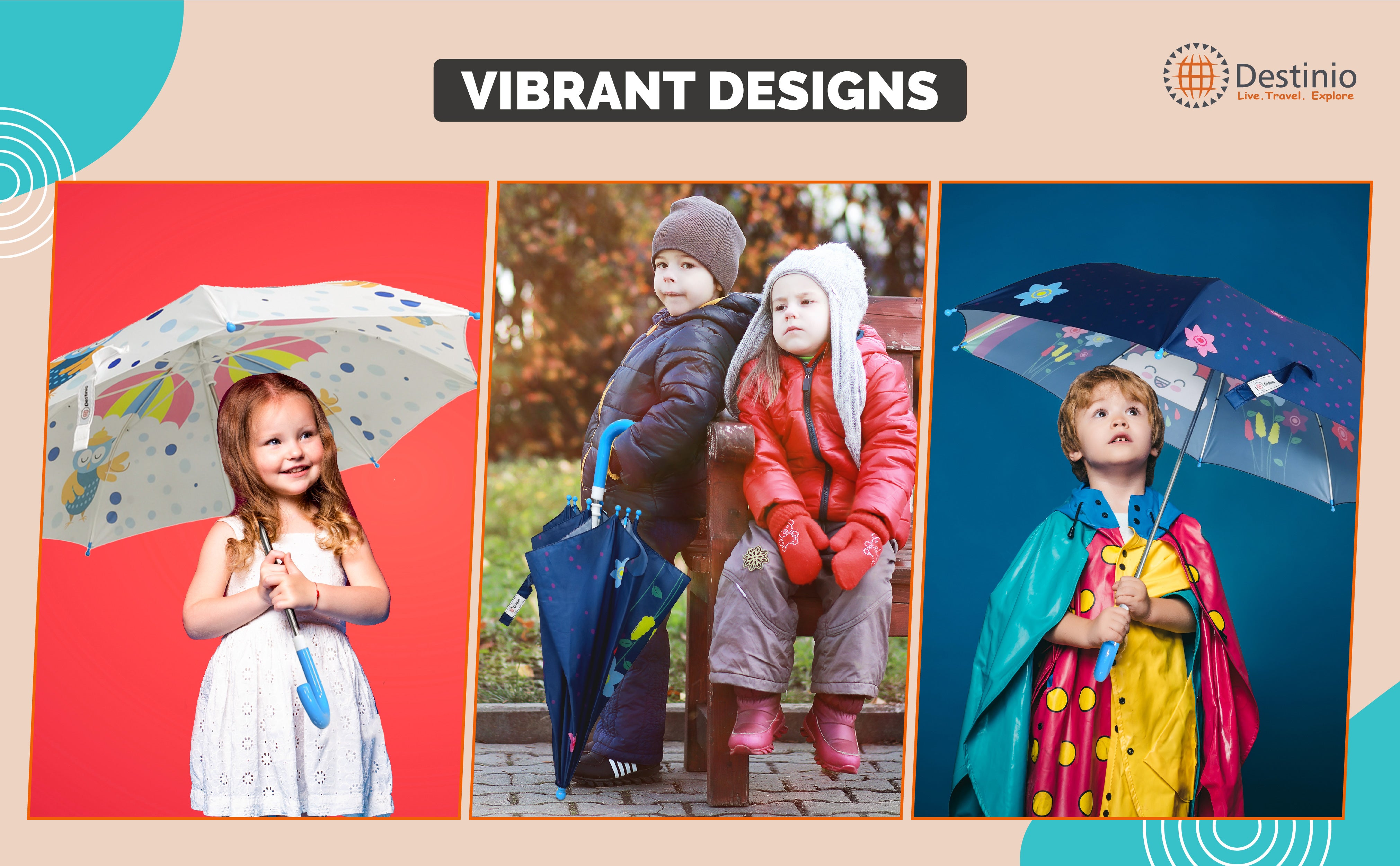 Destinio Umbrella for Kids; Stylish & Cute, Child Safe, 100% Waterproof; Kids Umbrella for Girls, Boys and Baby