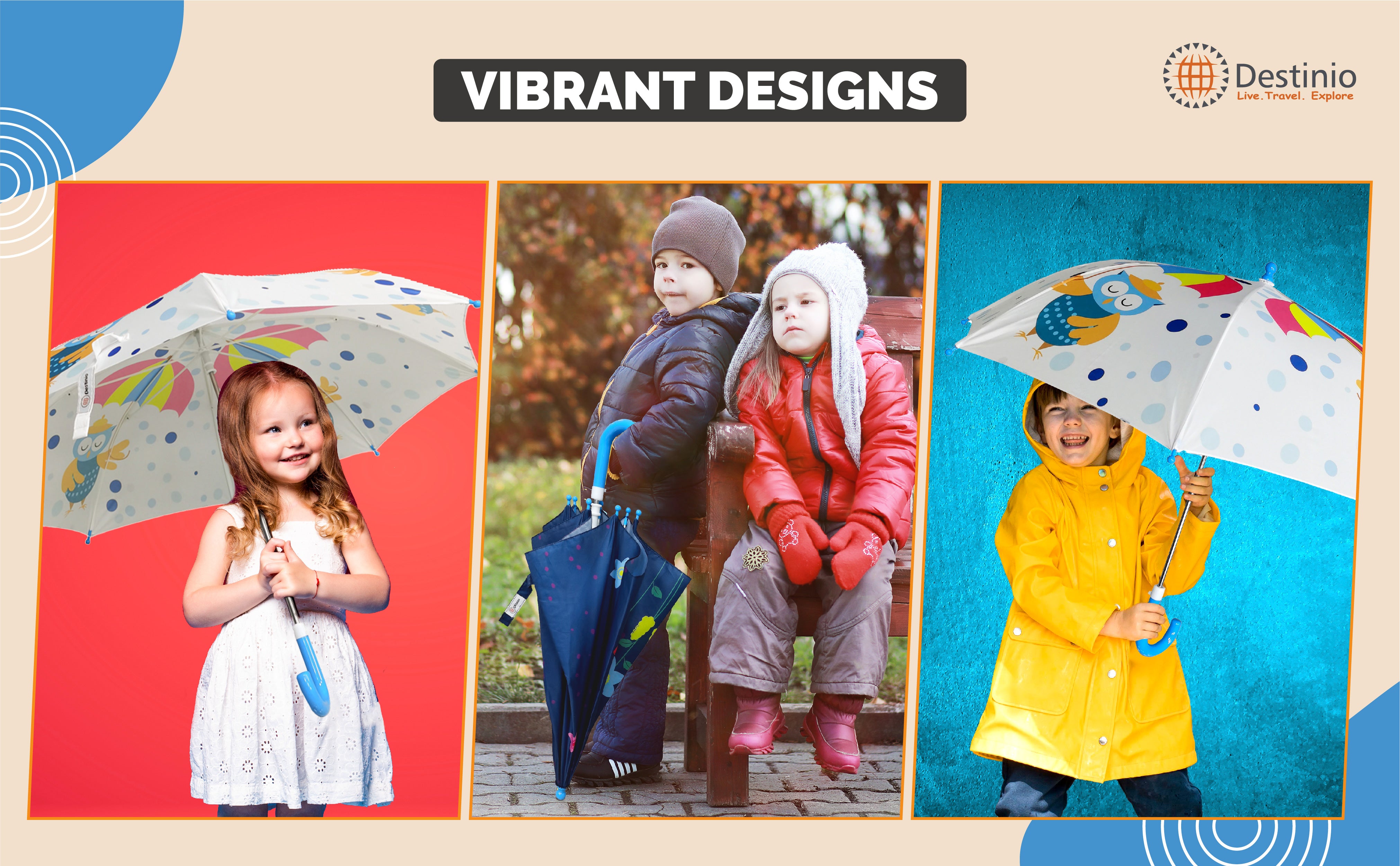 Destinio Umbrella for Kids; Stylish & Cute, Child Safe, 100% Waterproof; Kids Umbrella for Girls, Boys and Baby