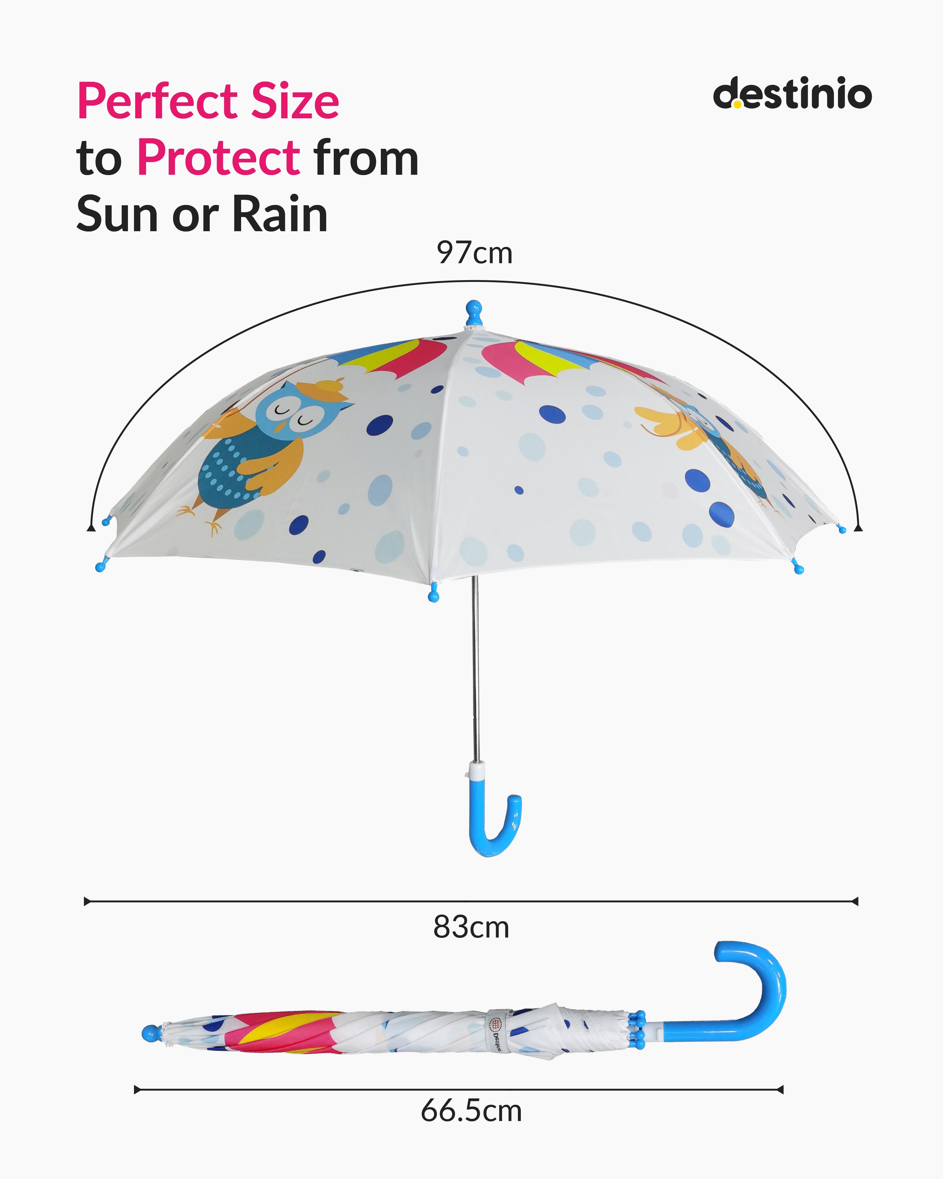 Destinio Umbrella for Kids; Stylish & Cute, Child Safe, 100% Waterproof; Kids Umbrella for Girls, Boys and Baby
