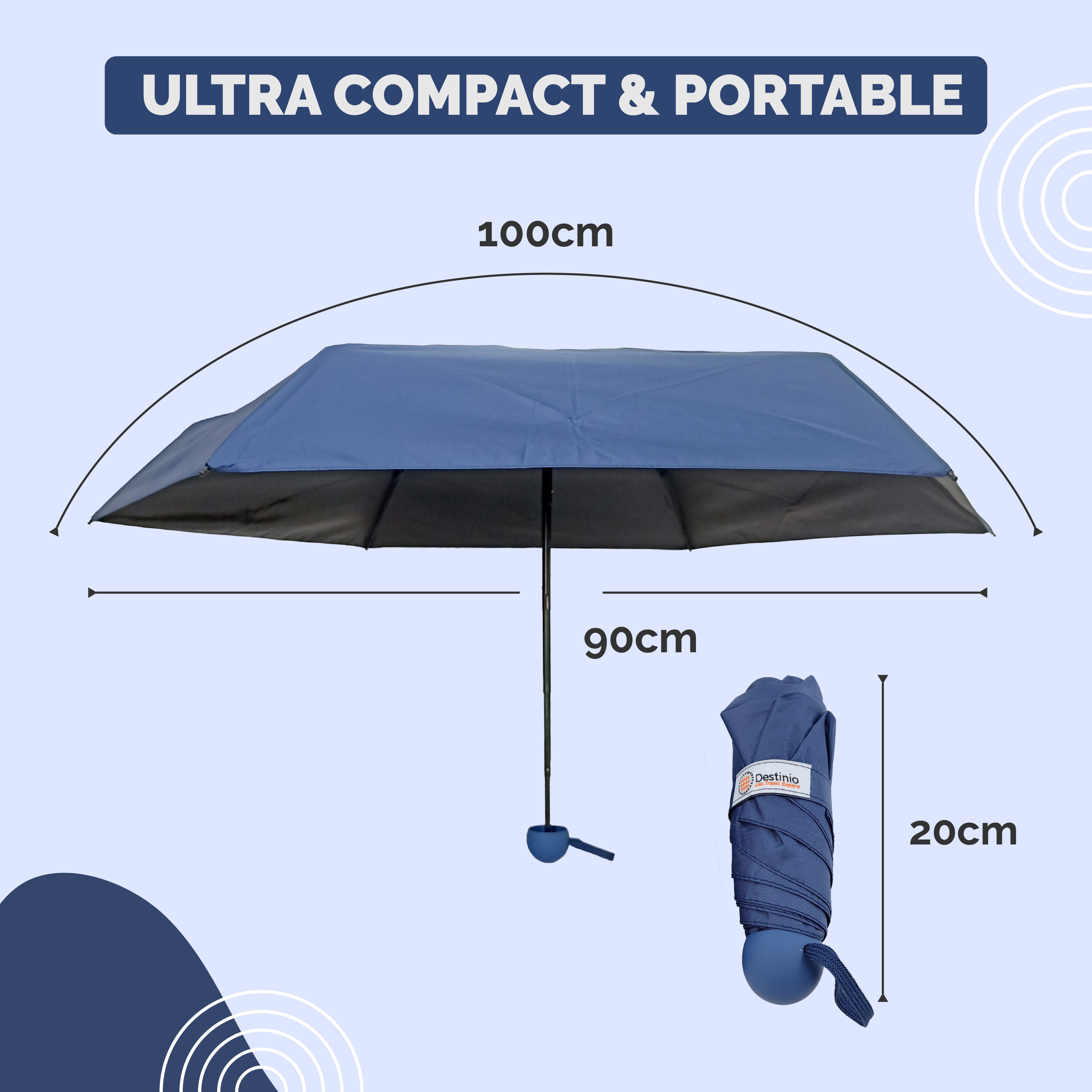 Destinio Capsule Umbrella, 5 Fold Manual Open 19 Inch Small Umbrella for Women and Men with UV Coating for Sun Protection, Foldable Mini Umbrellas for Rain and Sun (Navy Blue_D-BL-19in)