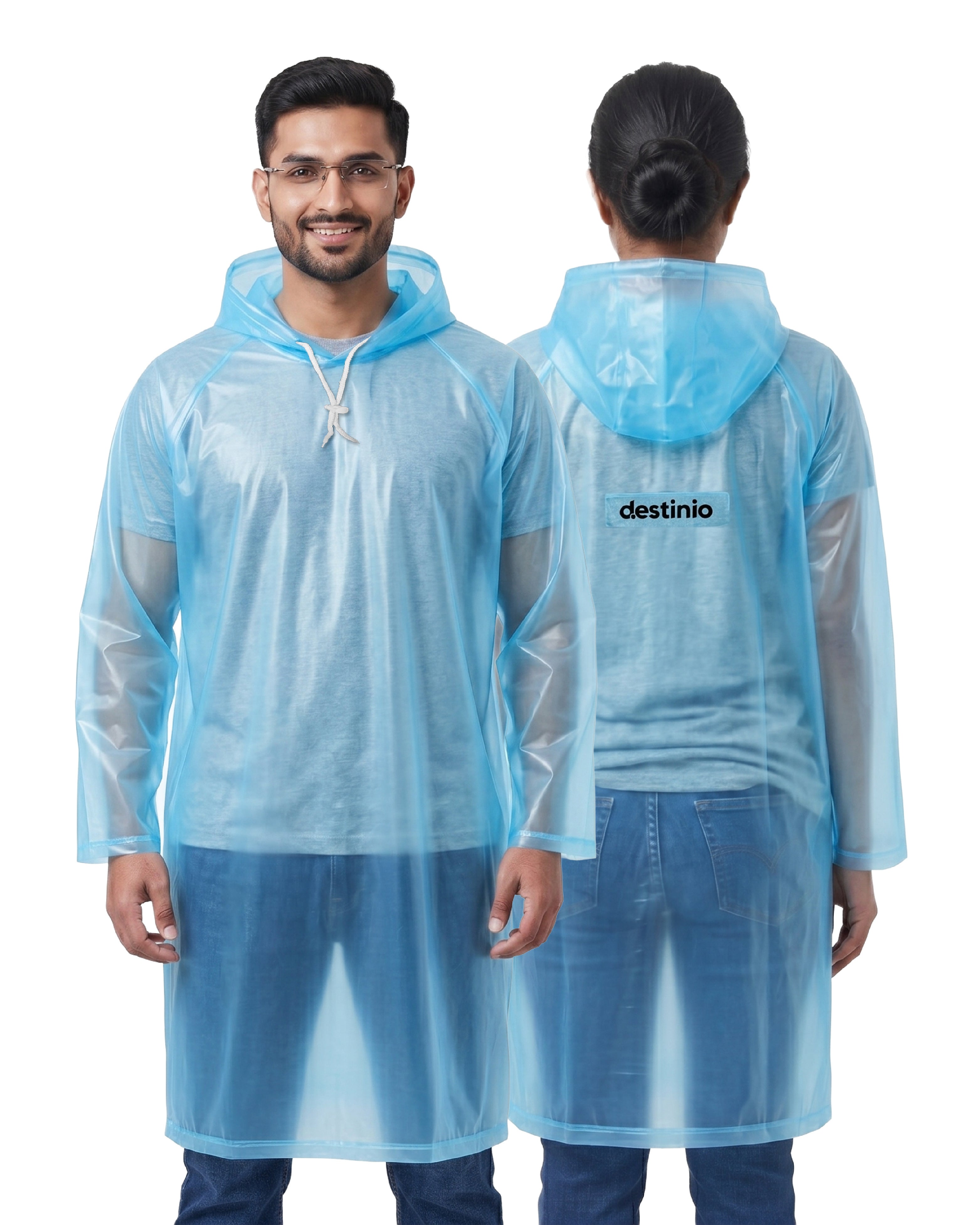 Destinio Waterproof Raincoat Poncho with Hood for Men & Women, Lightweight Reusable PVC Rainwear, Free Size Oversized Fit, Full Body Coverage for Travel, Bike Riding & Monsoon Use