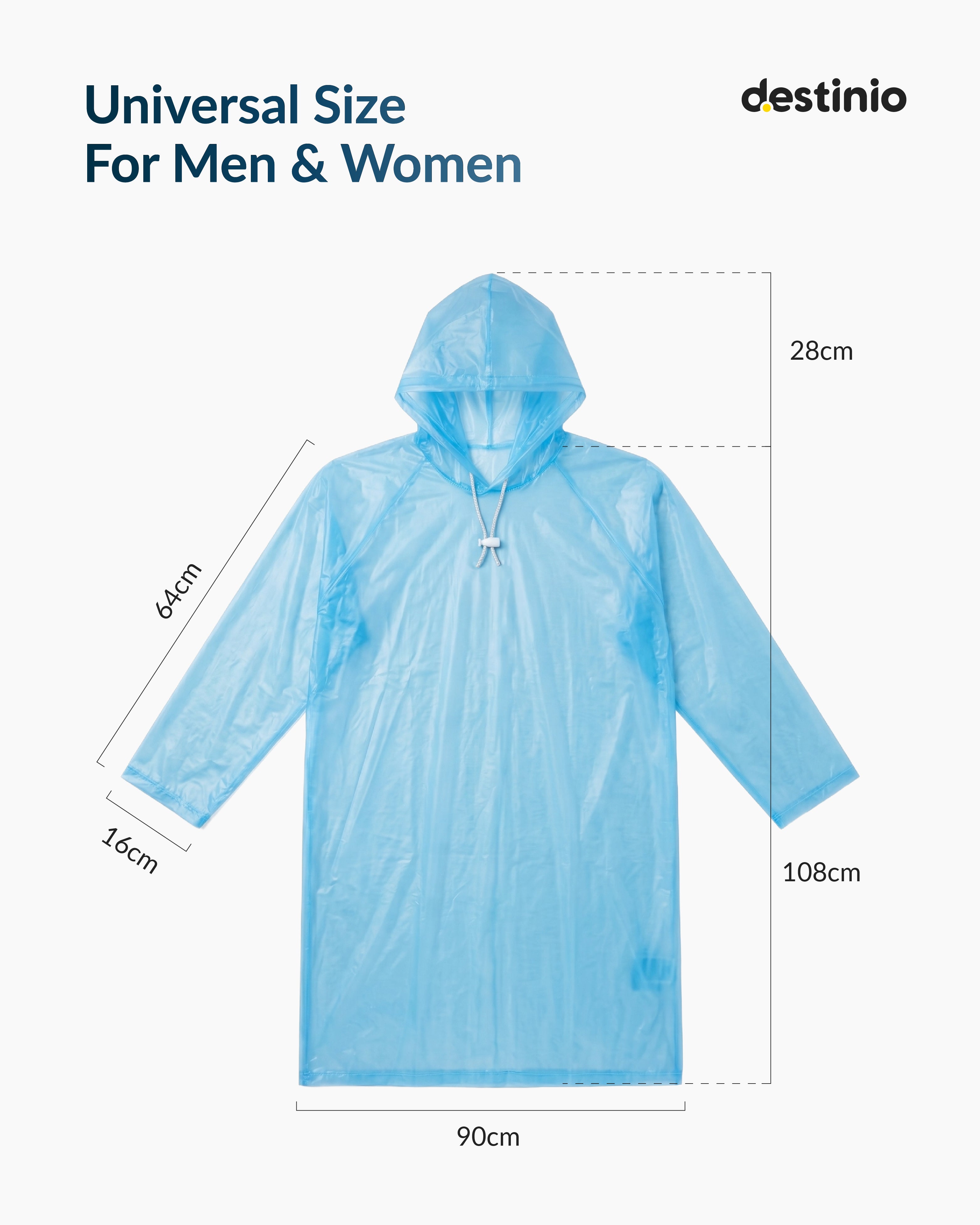 Destinio Waterproof Raincoat Poncho with Hood for Men & Women, Lightweight Reusable PVC Rainwear, Free Size Oversized Fit, Full Body Coverage for Travel, Bike Riding & Monsoon Use