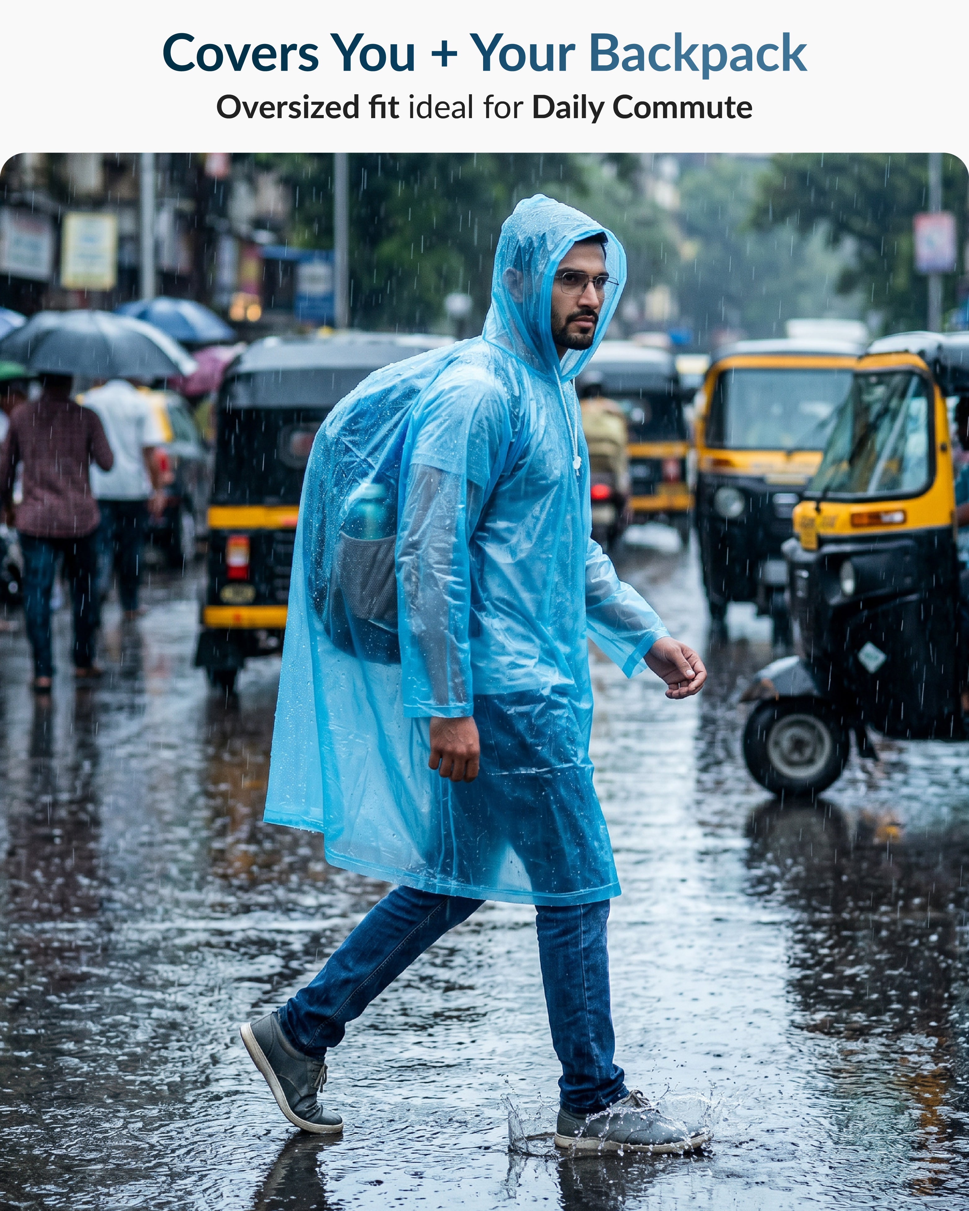 Destinio Waterproof Raincoat Poncho with Hood for Men & Women, Lightweight Reusable PVC Rainwear, Free Size Oversized Fit, Full Body Coverage for Travel, Bike Riding & Monsoon Use