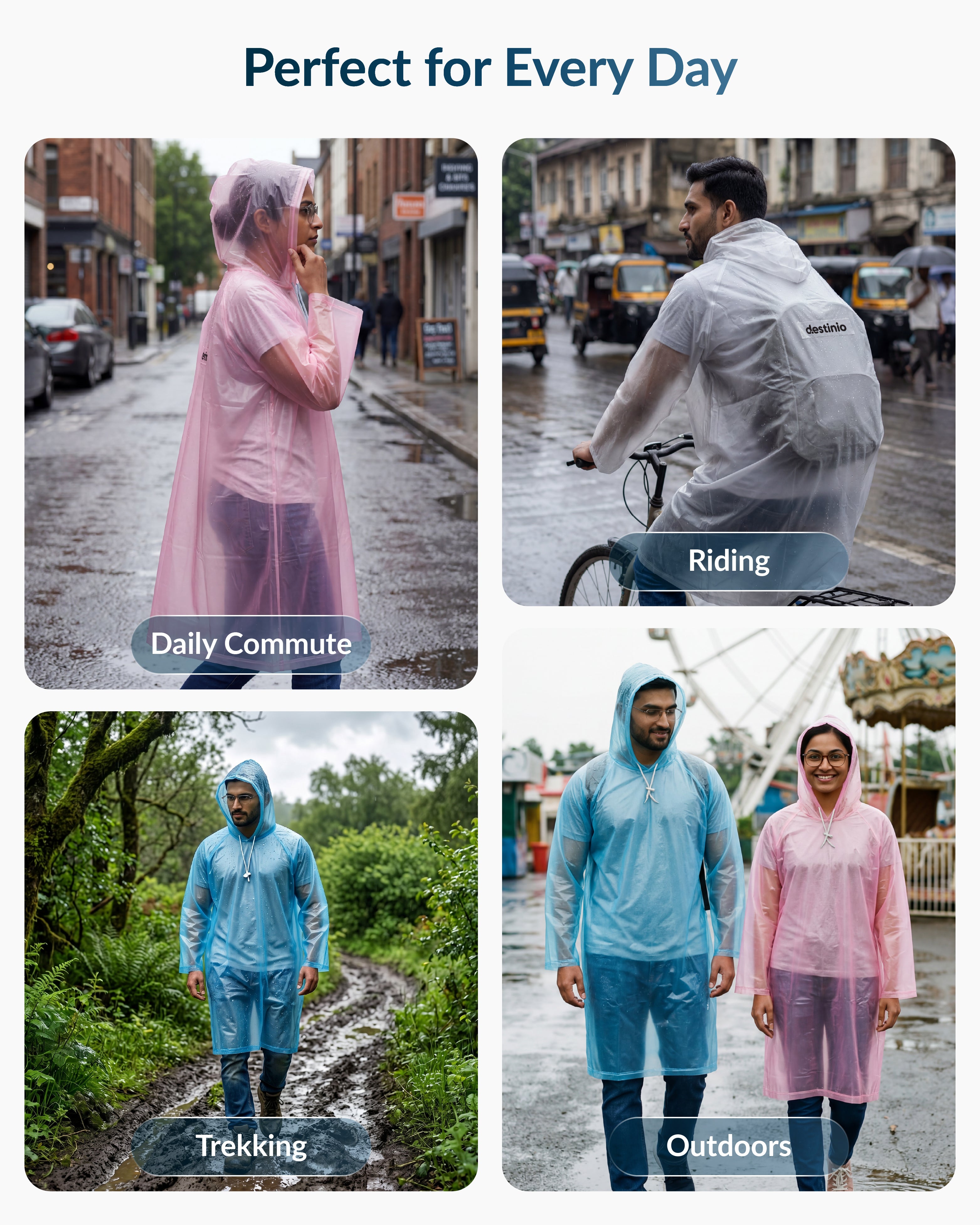 Destinio Waterproof Raincoat Poncho with Hood for Men & Women, Lightweight Reusable PVC Rainwear, Free Size Oversized Fit, Full Body Coverage for Travel, Bike Riding & Monsoon Use