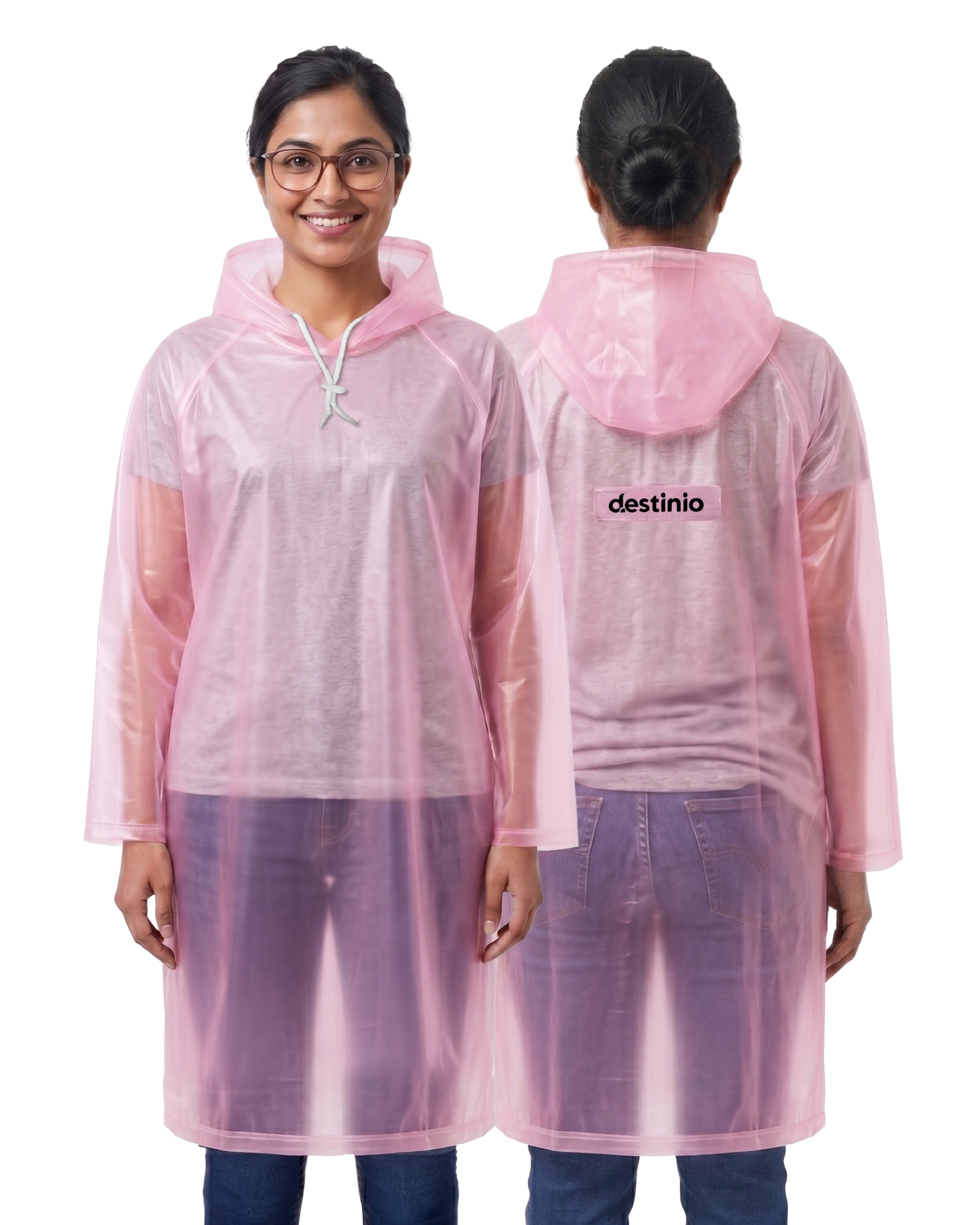 Destinio Waterproof Raincoat Poncho with Hood for Men & Women, Lightweight Reusable PVC Rainwear, Free Size Oversized Fit, Full Body Coverage for Travel, Bike Riding & Monsoon Use- PINK
