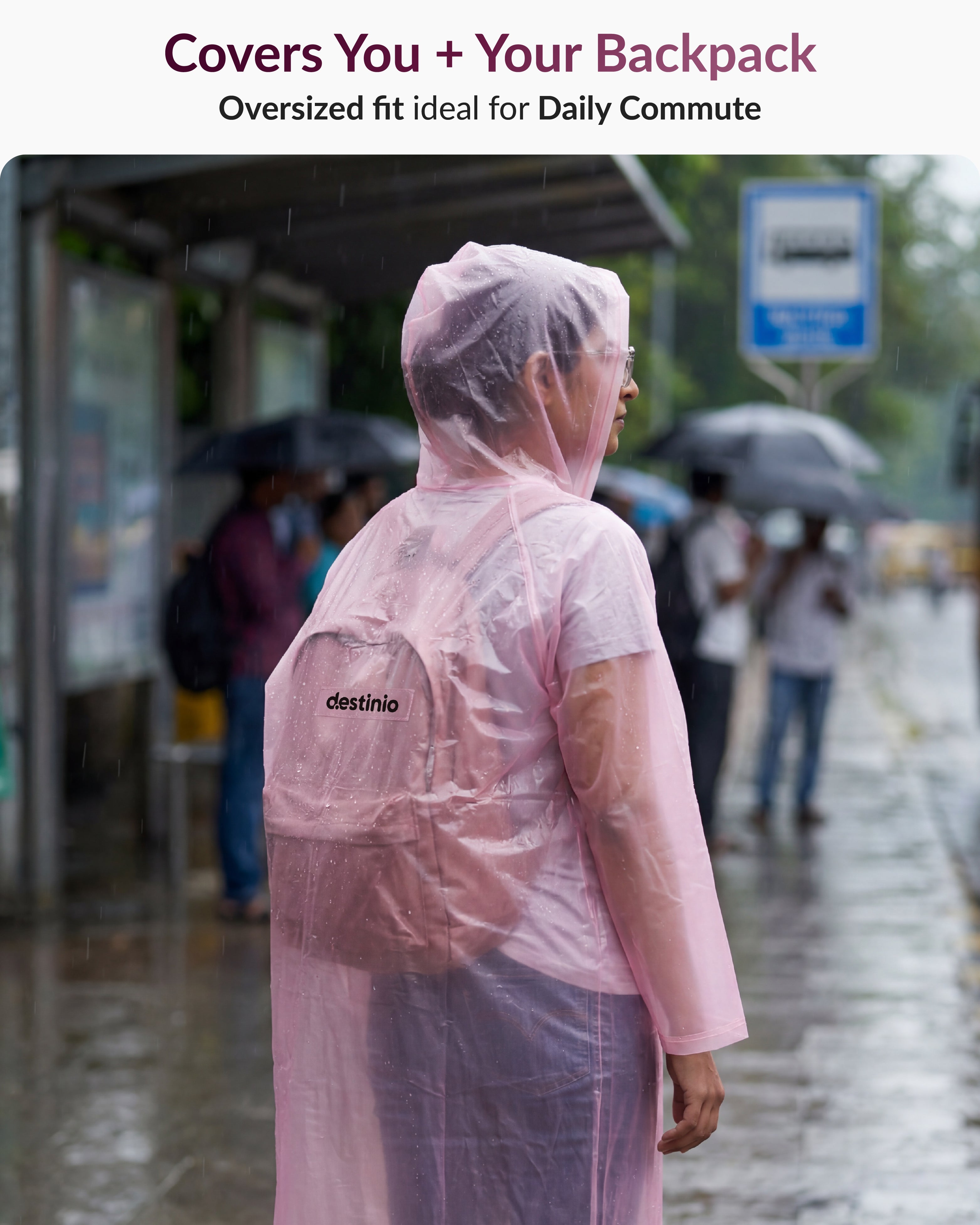Destinio Waterproof Raincoat Poncho with Hood for Men & Women, Lightweight Reusable PVC Rainwear, Free Size Oversized Fit, Full Body Coverage for Travel, Bike Riding & Monsoon Use- PINK