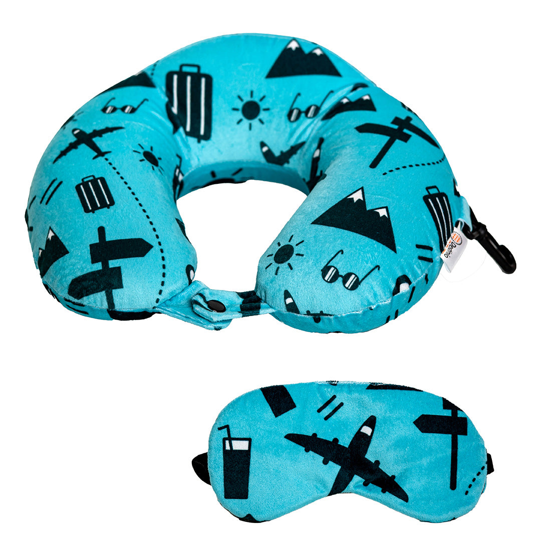 Destinio Neck Pillow and Eye Mask Set (Printed Blue Travel Icons) - With Memory Foam, Washable Cover