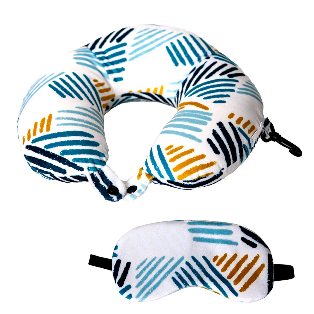 Destinio Neck Pillow - White Lines | Premium Memory Foam, Ergonomic Design, Includes Eye Mask