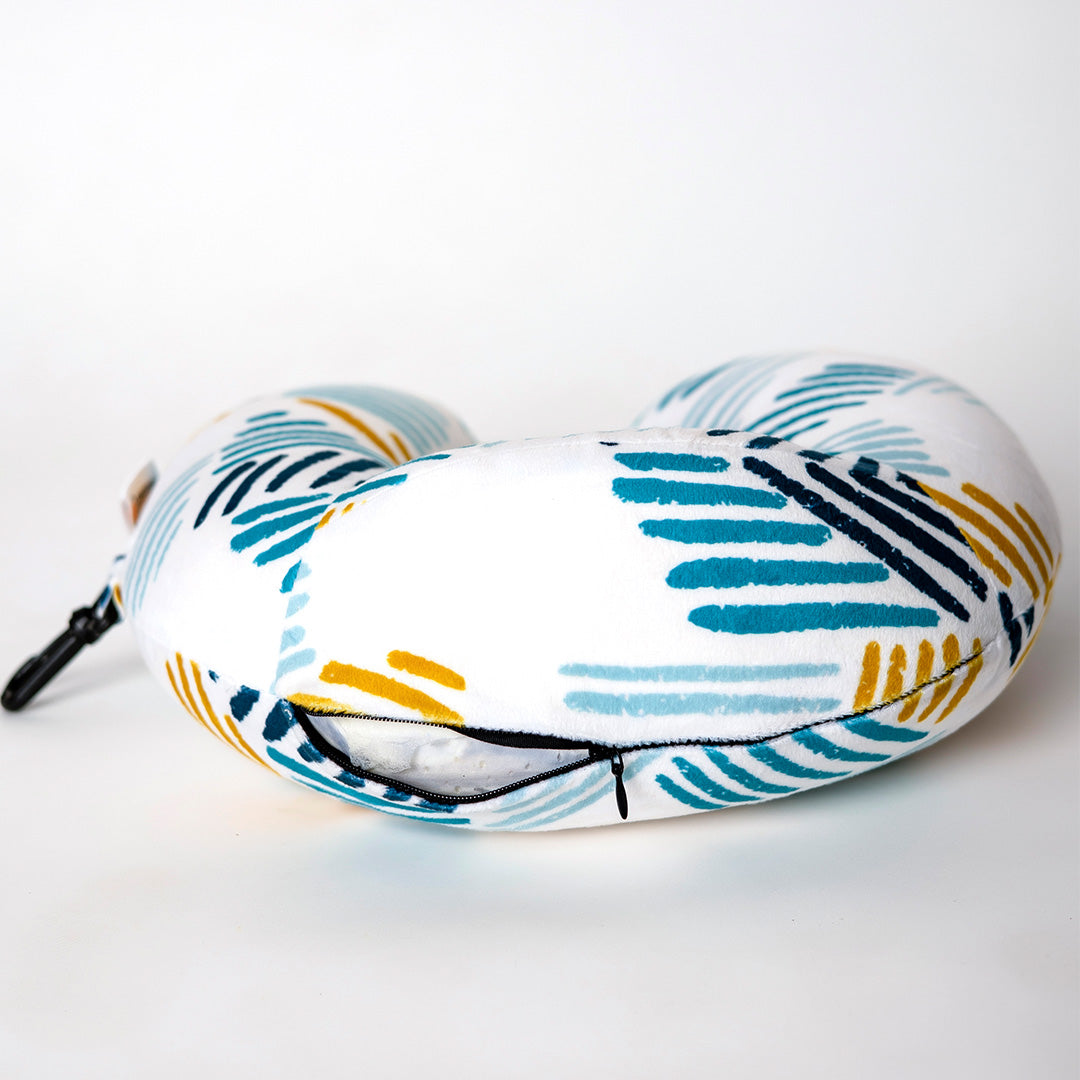 Destinio Neck Pillow - White Lines | Premium Memory Foam, Ergonomic Design, Includes Eye Mask
