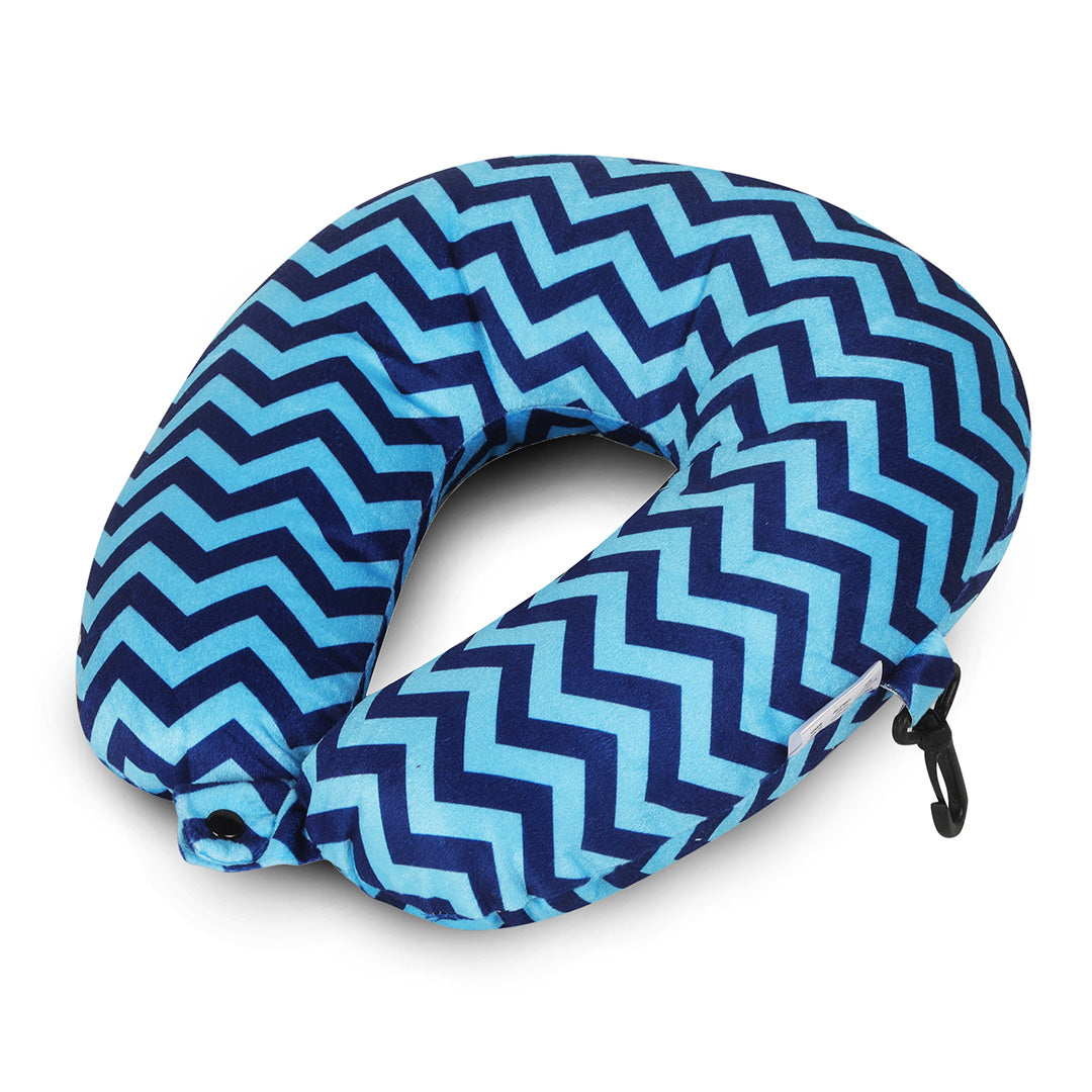 Destinio Microfibre Travel Pillow - Dark Blue Waves | Ergonomic Design, Velvet Soft Fabric, Lightweight with Snap Button