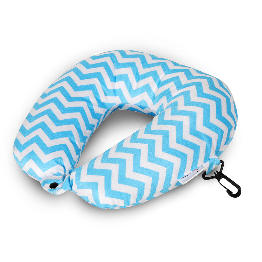 Destinio Microfibre Travel Pillow - Light Blue Waves | Ergonomic Design, Velvet Soft Fabric, Lightweight with Snap Button