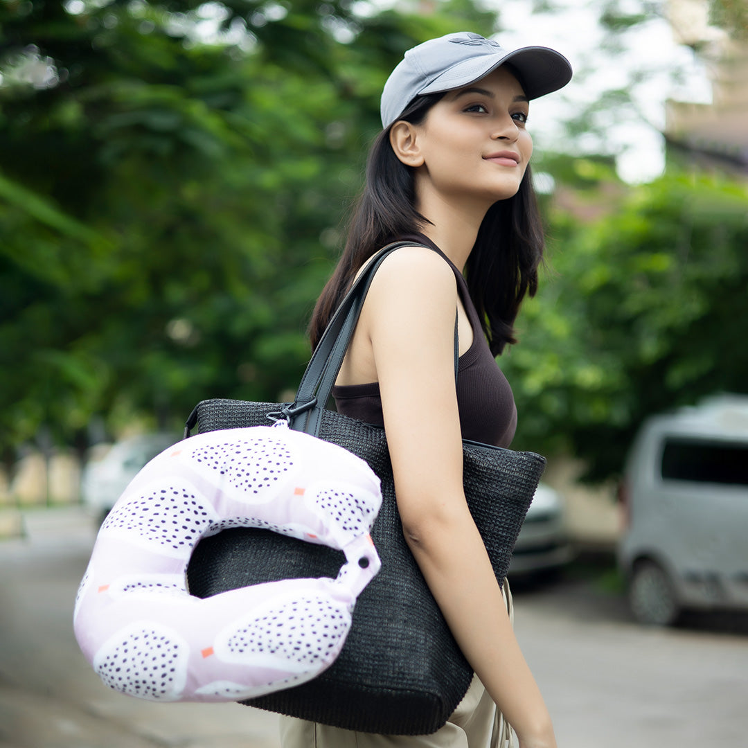 Destinio Microfibre Travel Pillow - Pink Pear | Ergonomic Design, Velvet Soft Fabric, Lightweight with Snap Button