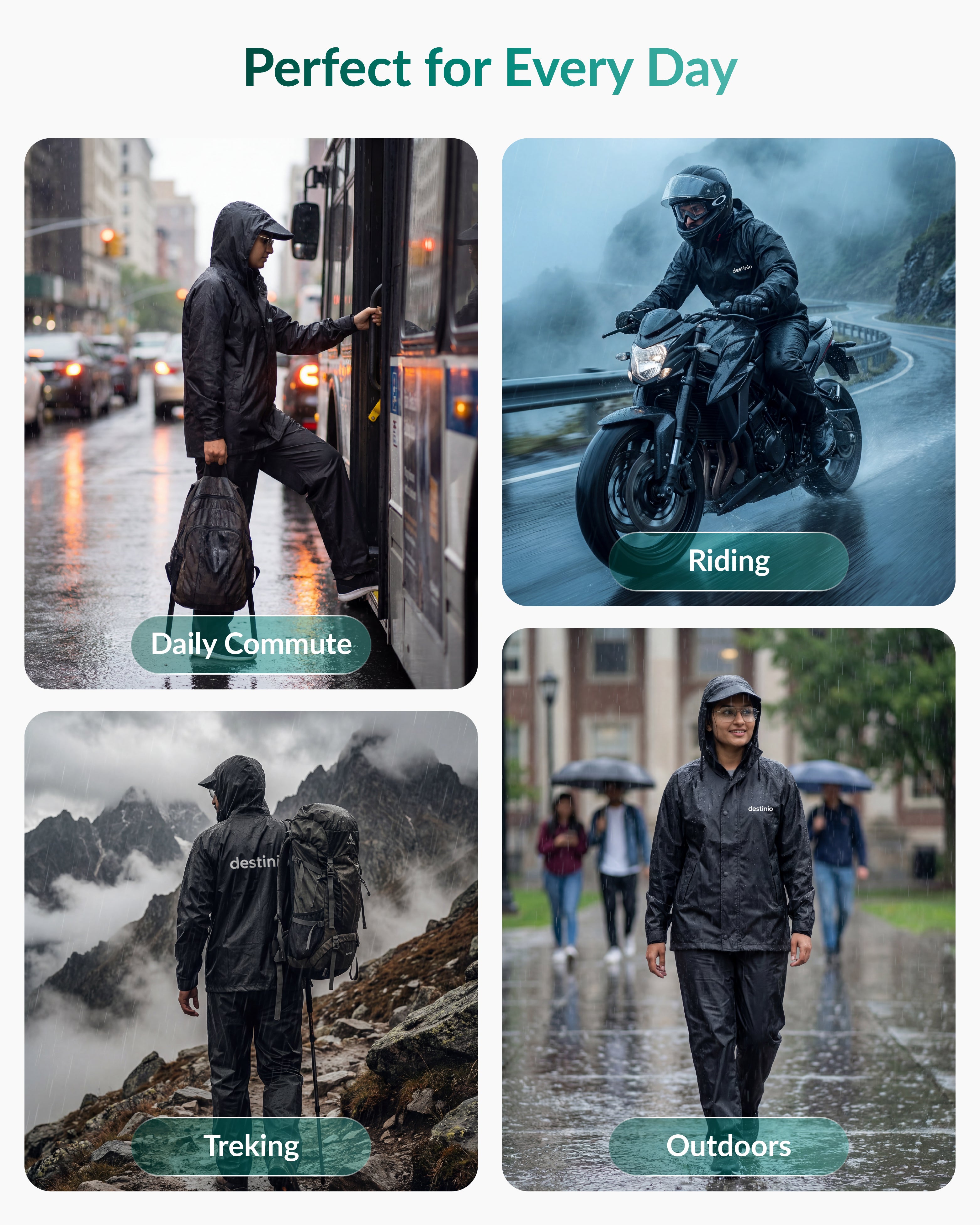 Destinio Rain Suit for Men & Women Waterproof Jacket & Trouser Set, Polyester Raincoat with Hood, Double Flap Zip, Lightweight Durable Rainwear for Bike Riding, Travel & Outdoor Use