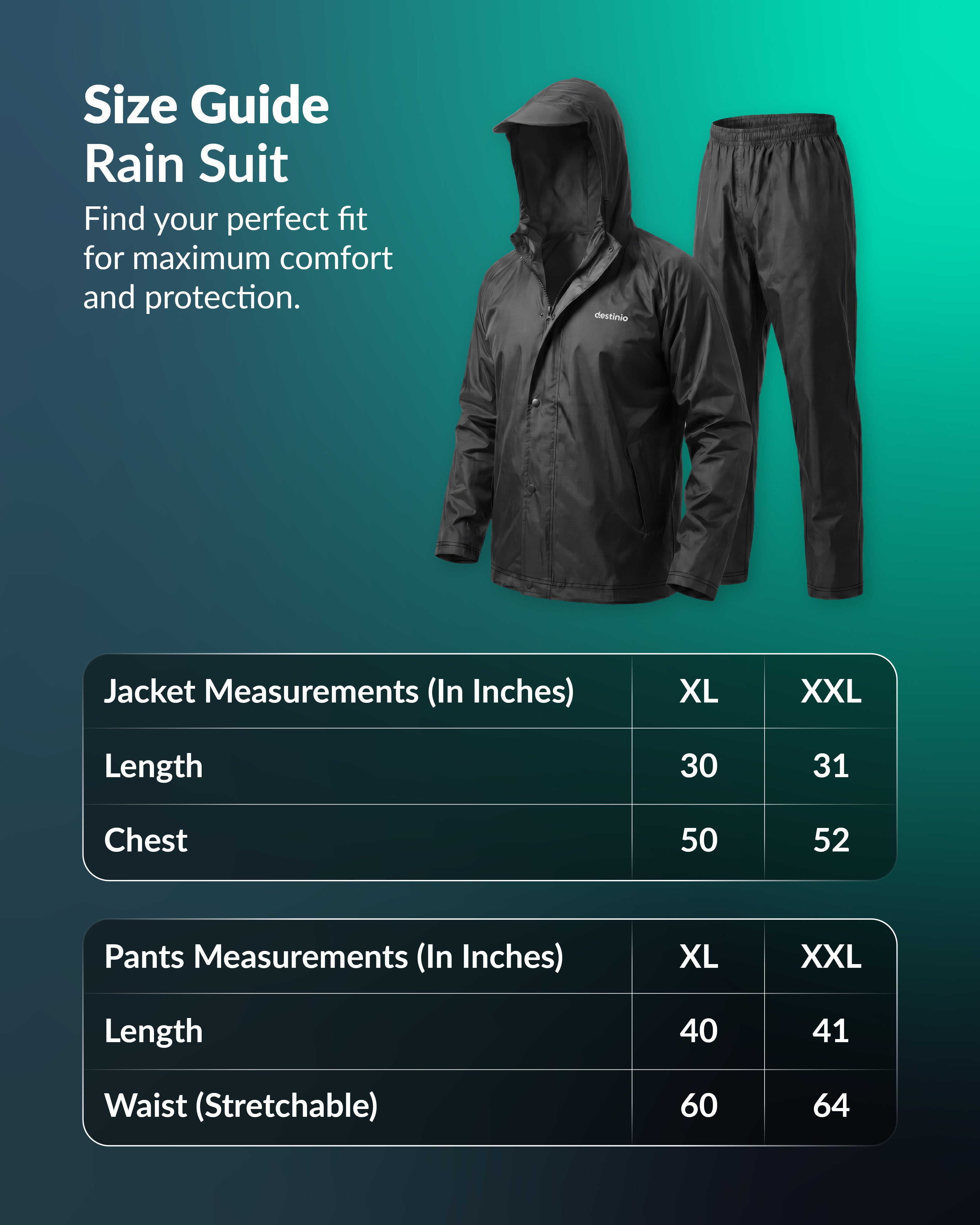 Destinio Rain Suit for Men & Women Waterproof Jacket & Trouser Set, Polyester Raincoat with Hood, Double Flap Zip, Lightweight Durable Rainwear for Bike Riding, Travel & Outdoor Use