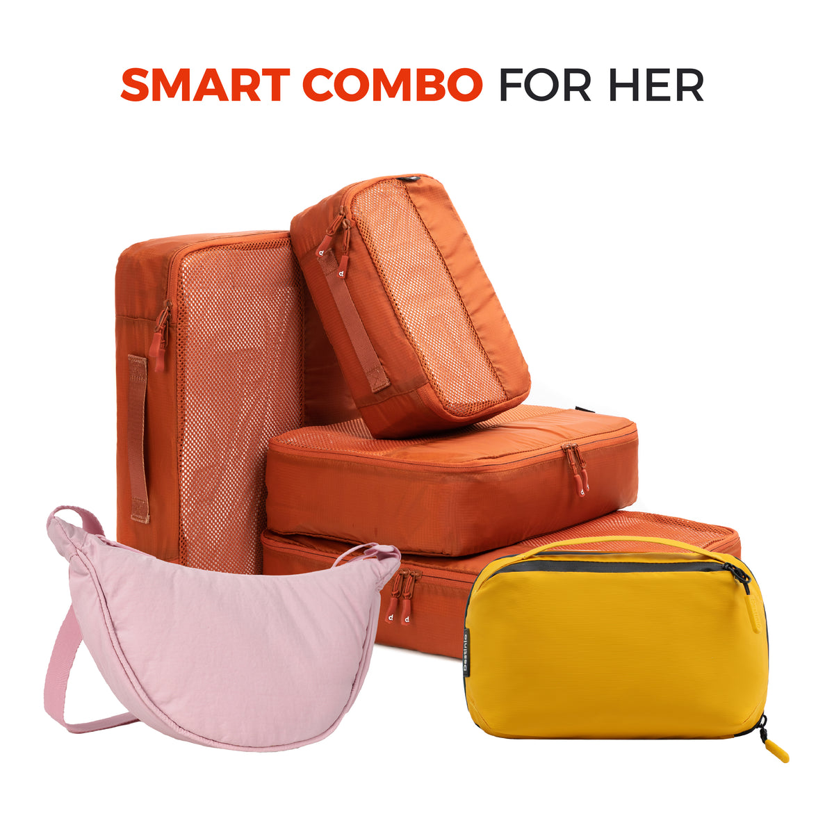 Ali Packing Hal Smart Travel Combo for Her- Packing cubes set of 6, toiletry bag & hal