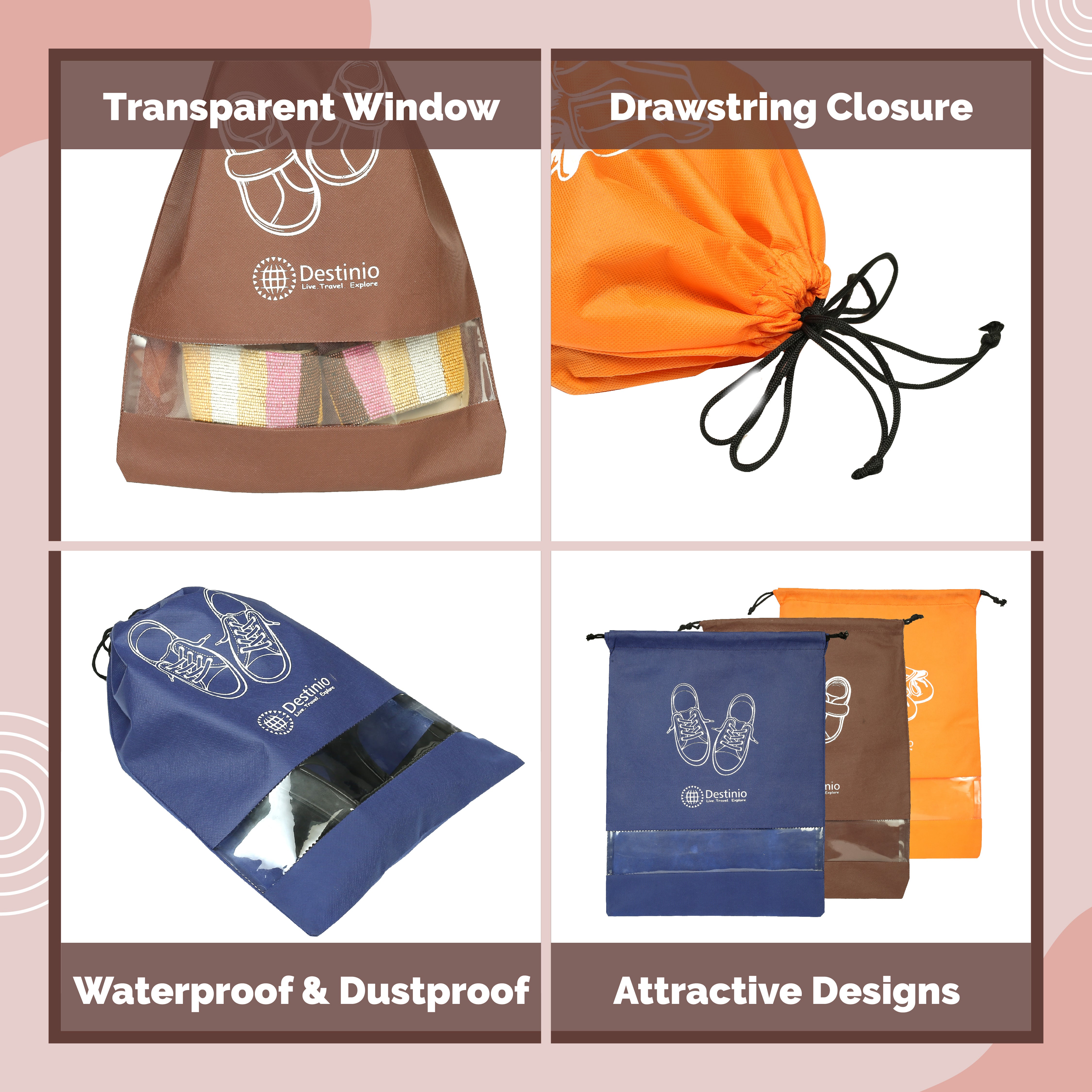 Destinio Shoe Bags Pouches Travel, 6 Pcs in 3 Colors and 3 Designs