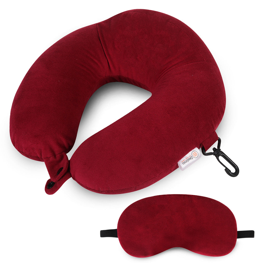 Destinio Neck Pillow - Solid Red | Premium Memory Foam, Ergonomic Design, Includes Eye Mask