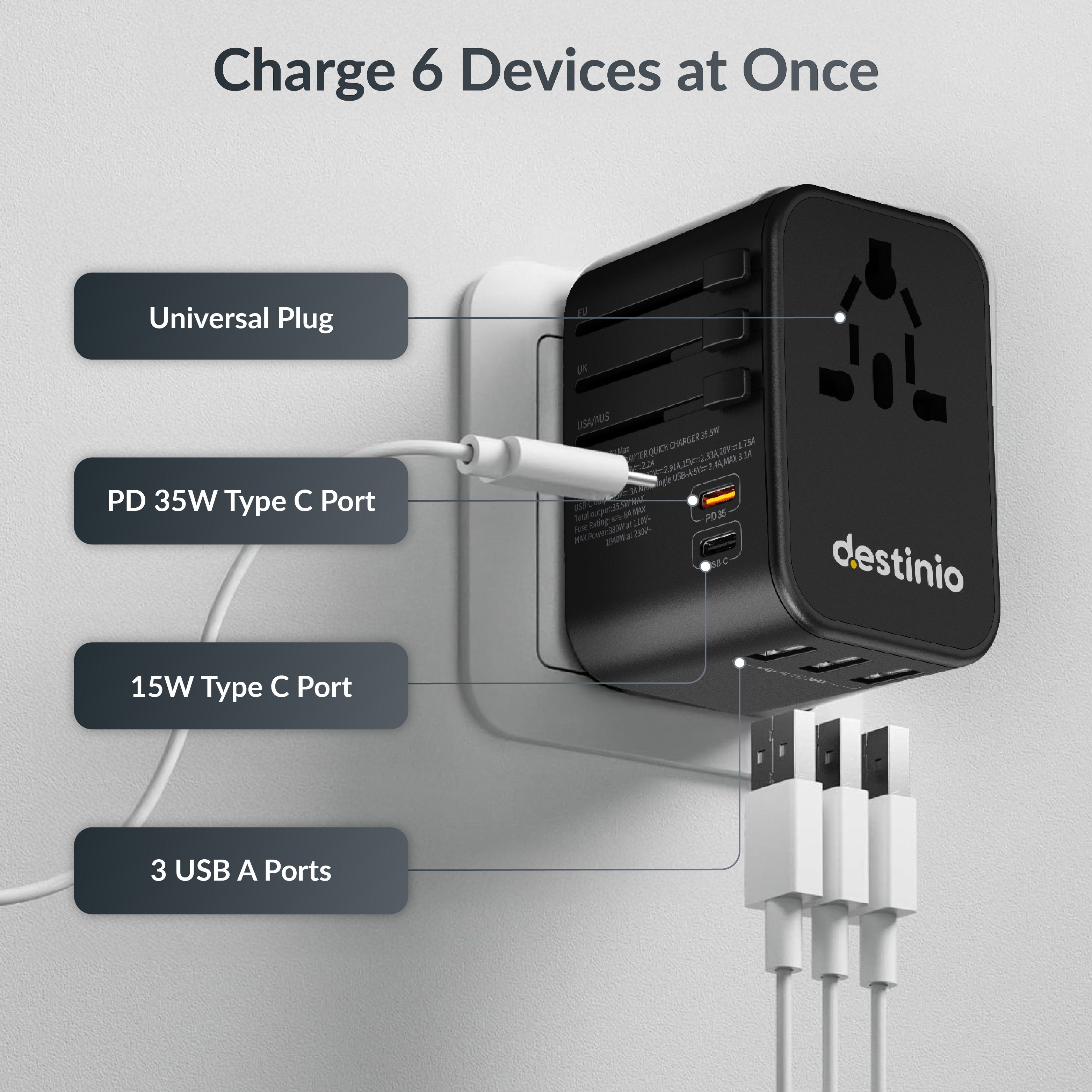 Destinio Universal Charger Adapter - 6-in-1 Fast Charging International Travel Adapter with PD, Type C & 3 USB Ports - All-in-One for US, UK, Europe - Type C Compatible (35 W - Yellow)