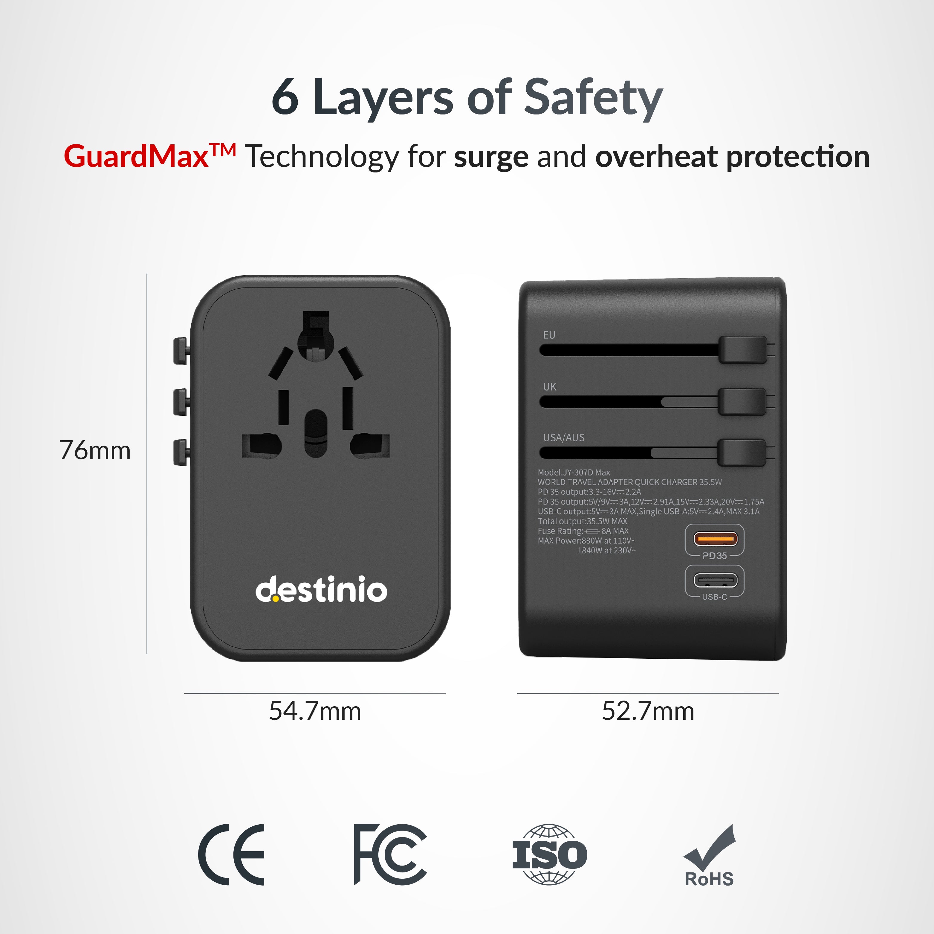 Destinio 5 USB Type C Adapter | Universal Travel Adapter, Smart Fast Charging, Safety Certified