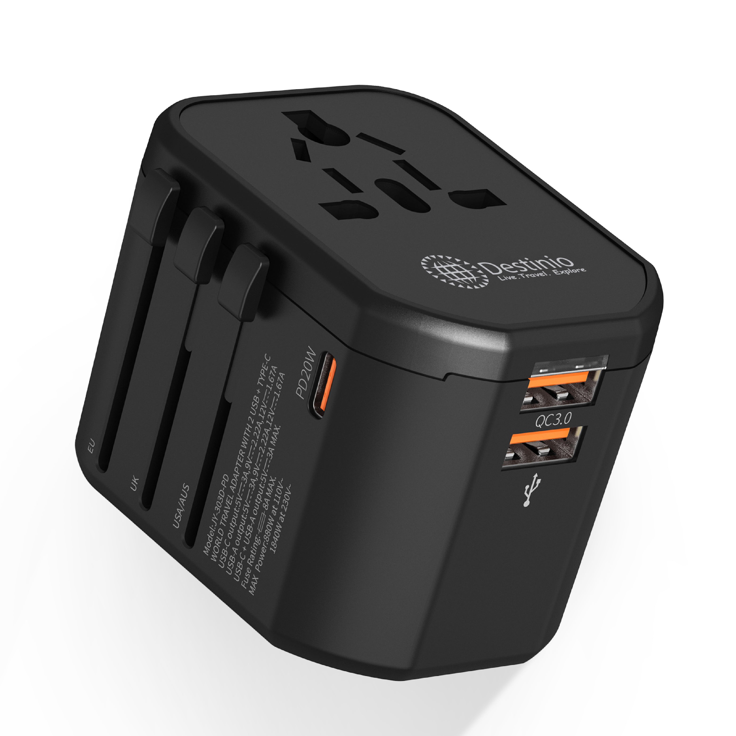 Destinio Universal Travel Adapter | 20W PD Fast Charger | Type C & Dual USB | Worldwide Plug US UK EU AUS | Indian 3 Pin Compatible & Portable (Black)