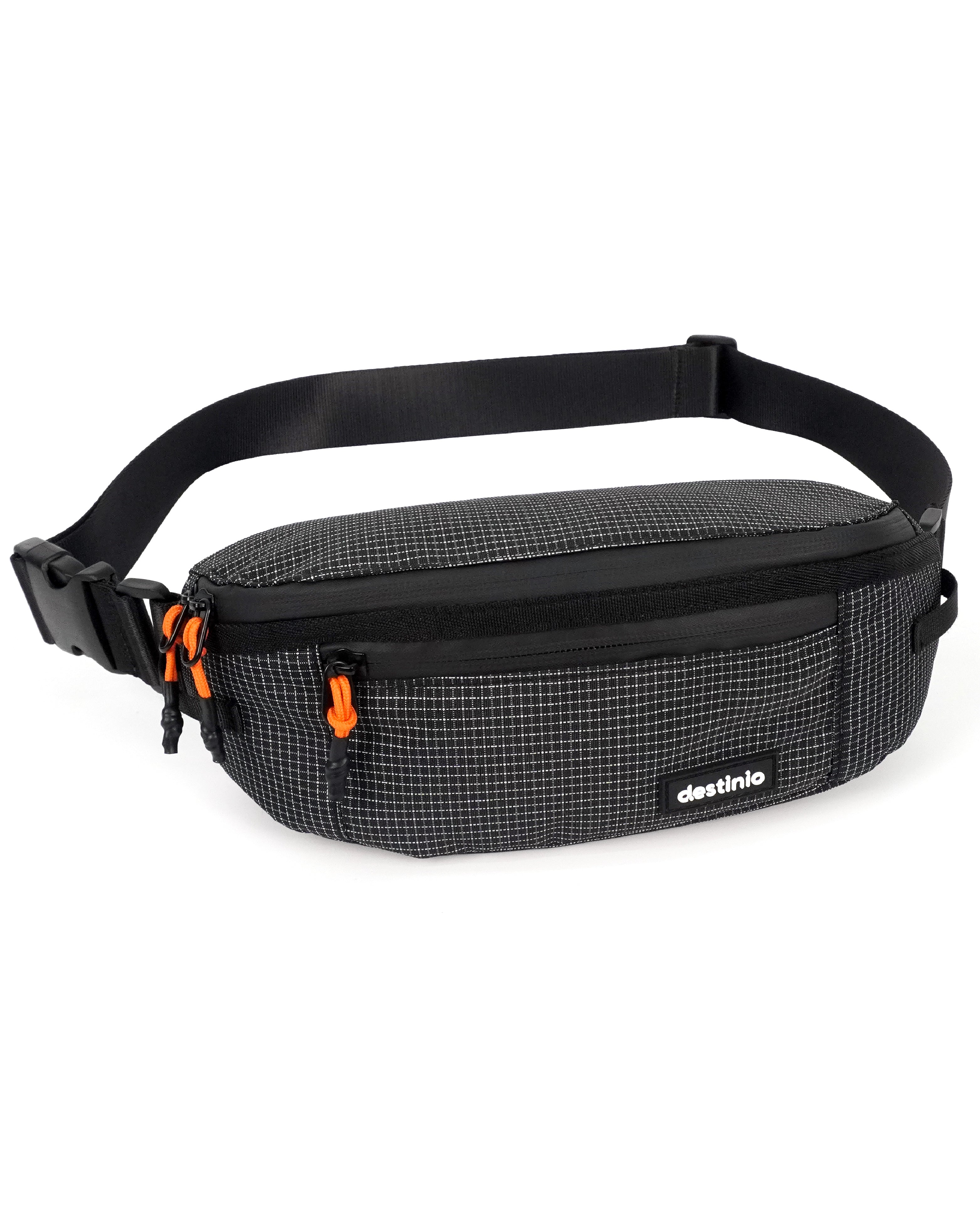 Destinio Waist Bag for Men & Women | Travel Fanny Pack Pouch with Waterproof Zippers & Back Pocket | Anti-Theft Design, Key Holder, Adjustable Strap | Hip Bag for Hiking, Gym, Passport (Orange Zipper)