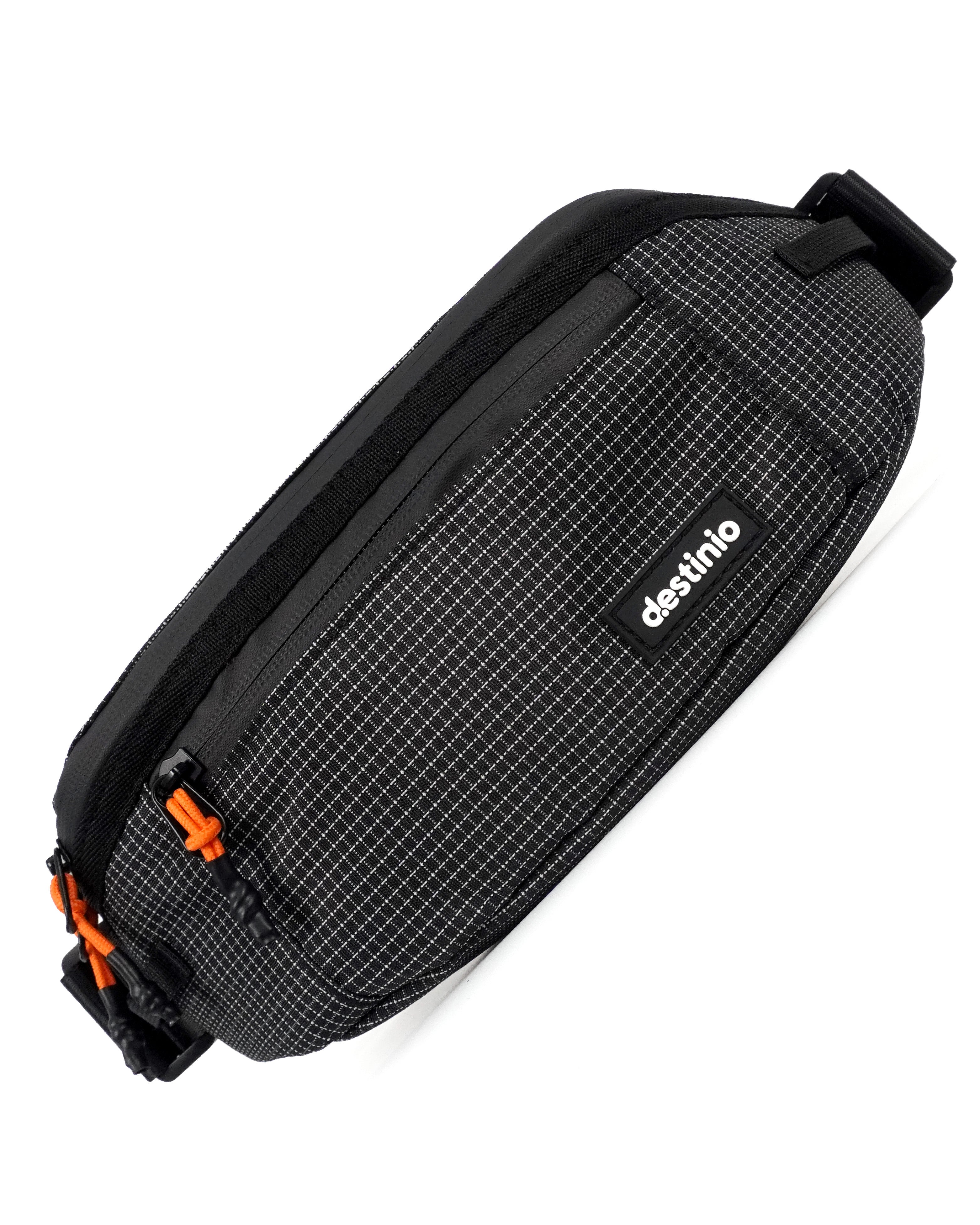 Destinio Waist Bag for Men & Women | Travel Fanny Pack Pouch with Waterproof Zippers & Back Pocket | Anti-Theft Design, Key Holder, Adjustable Strap | Hip Bag for Hiking, Gym, Passport (Orange Zipper)