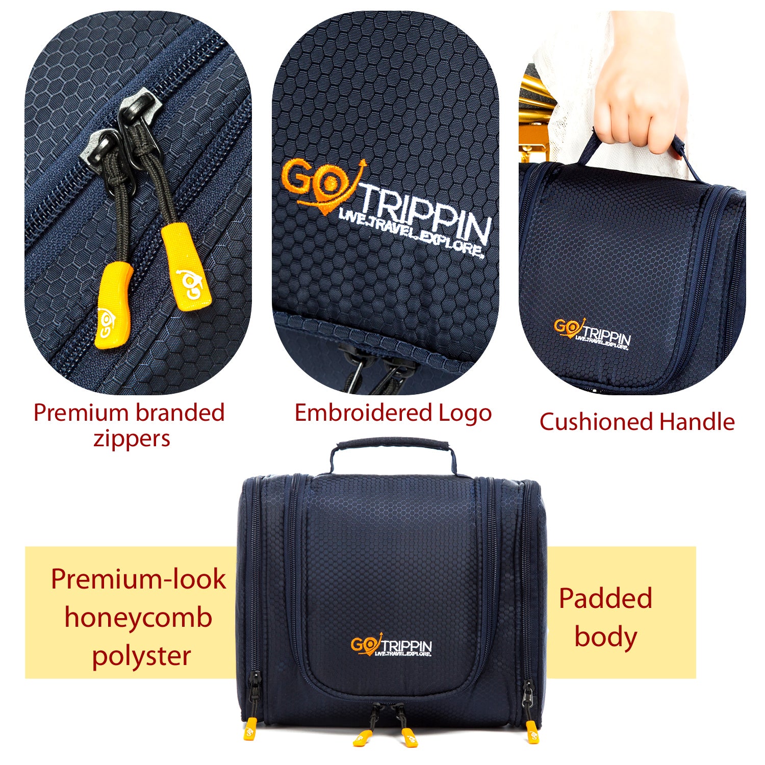 Destinio Toiletry Bag - Dark Blue | Waterproof, Multi-Pocket, Padded Design, with 360° Hanging Hook