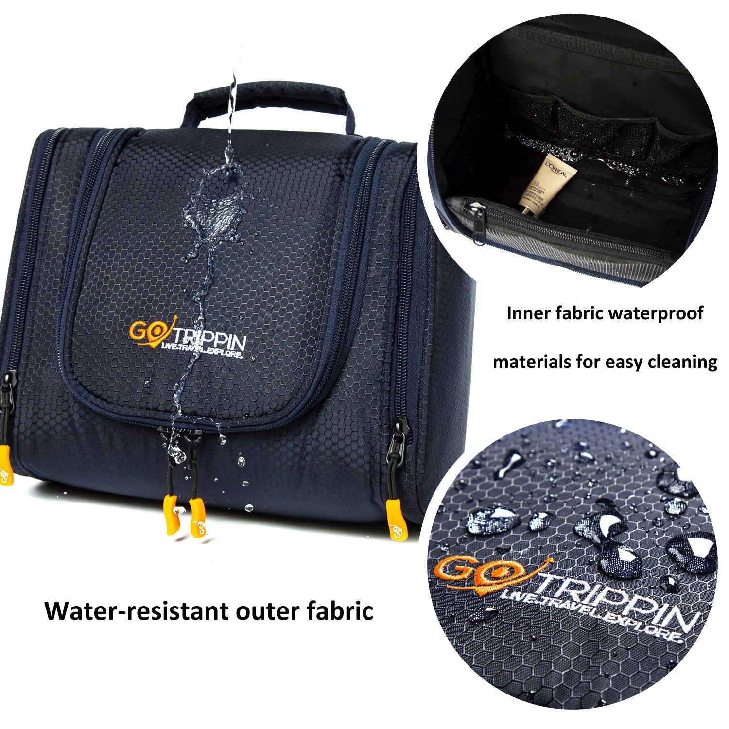 Destinio Toiletry Bag - Dark Blue | Waterproof, Multi-Pocket, Padded Design, with 360° Hanging Hook