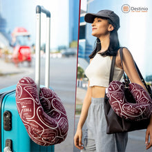 Load image into Gallery viewer, Buy Destinio Printed Neck Pillow and Eye Mask Set (Maroon Stamps) - Easy Travel Use
