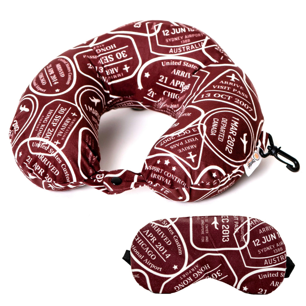 Buy Destinio Printed Neck Pillow and Eye Mask Set (Maroon Stamps)