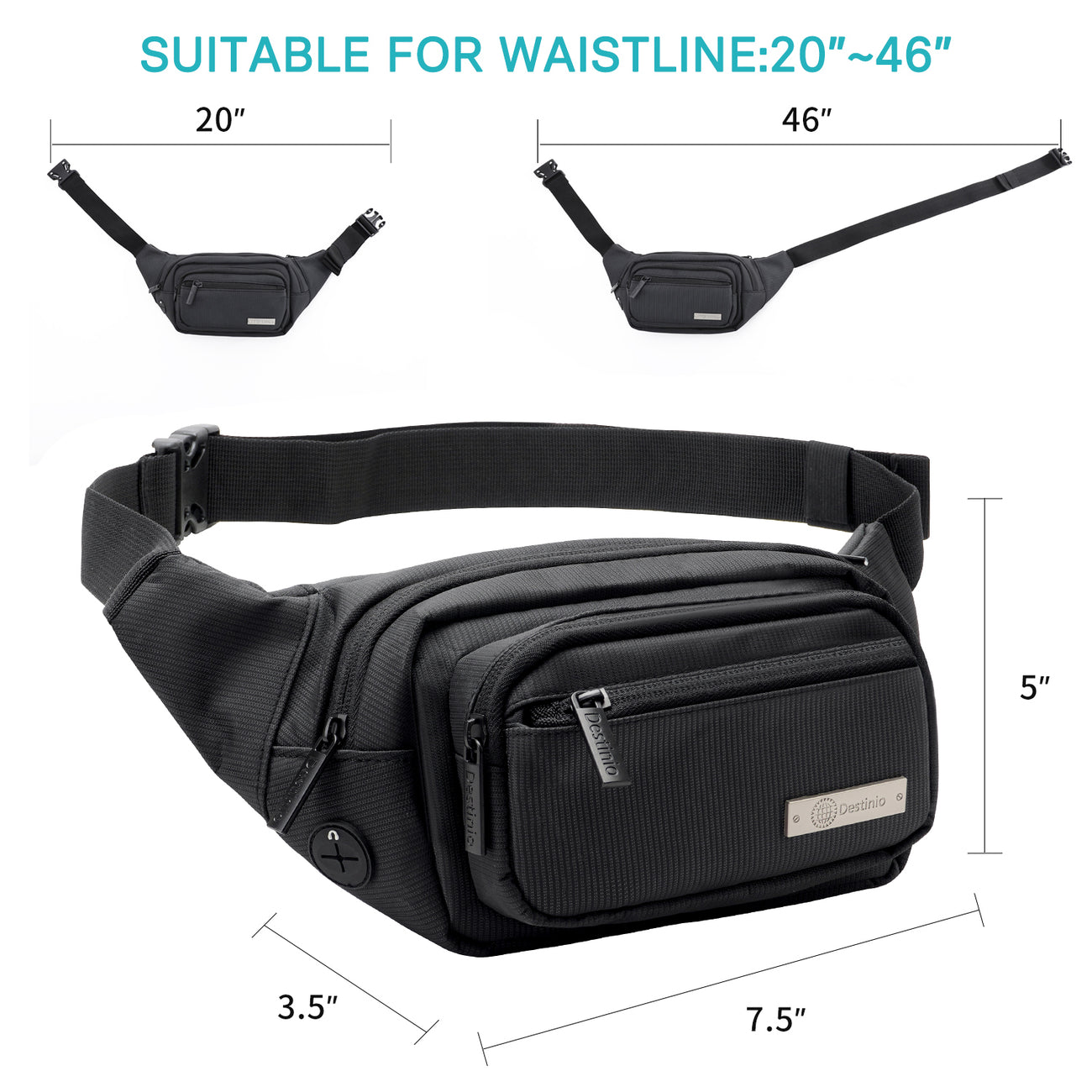 Destinio Travel Waist Pouch Bag for Men and Women, 46 Inches Strap, Black,  Polyester Fabric